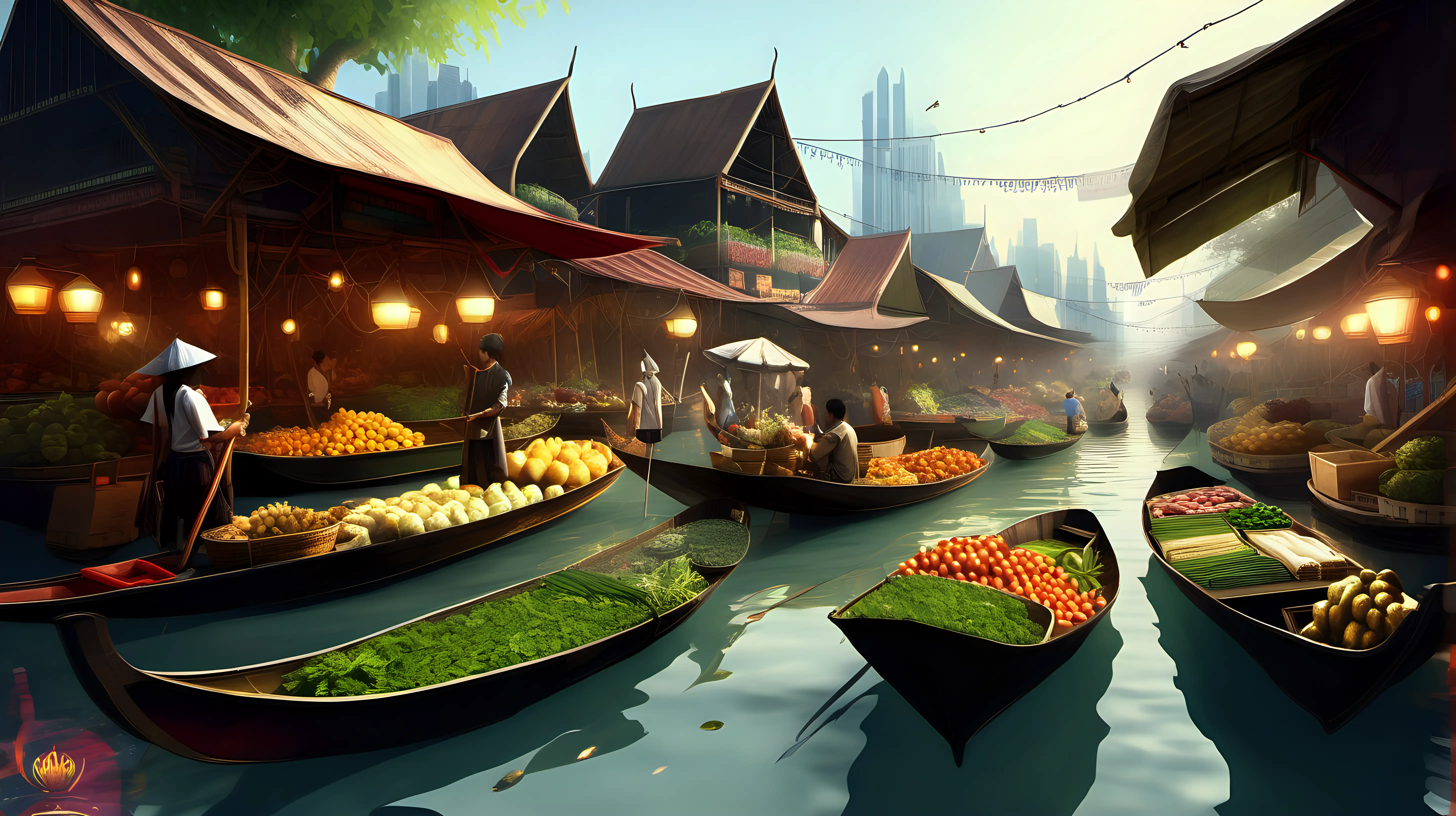 Enchanting Fantasy Floating Market with Colorful Stalls and Mystical Creatures