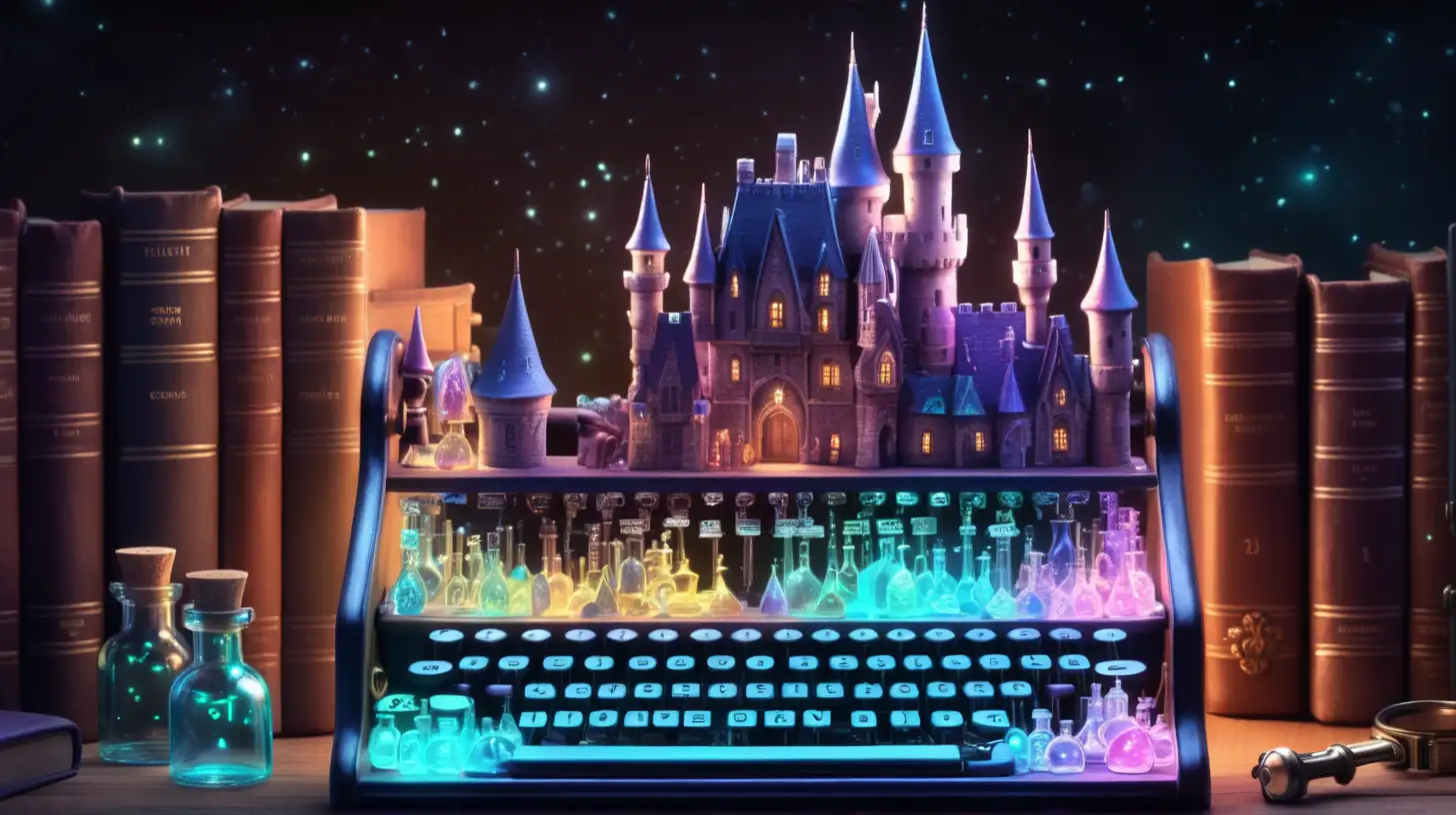 a box of glowing keys, fairytale, magical, library and glowing potions and inside the bottle are iridescent castles, 8K. Typewriter