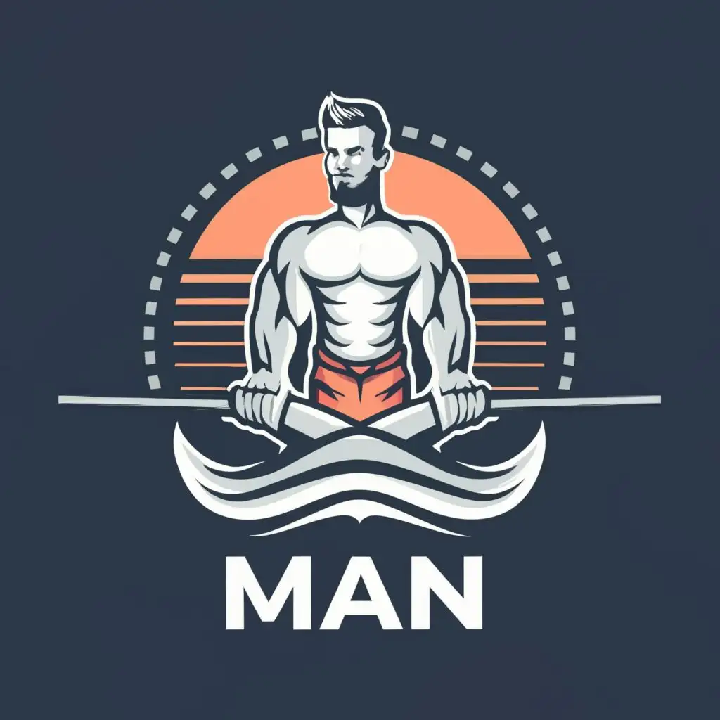 logo, MAN ON THE FRONT OF A YACHT HOLDING ON RAIL WITH SHIRT OPEN FACING FORWARD, with the text "MAN", typography, be used in Sports Fitness industry