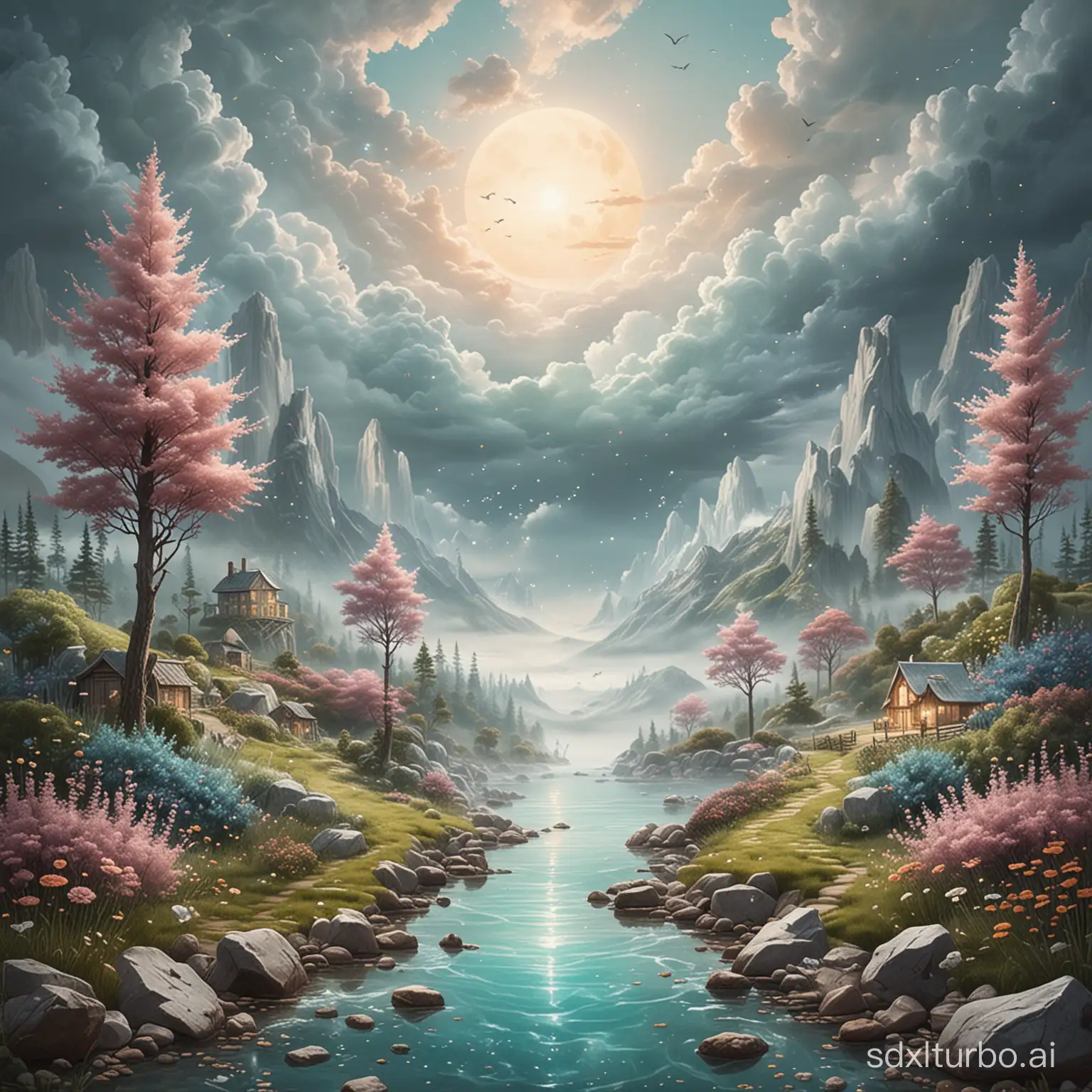Dreamy healing landscapes, depicting real scenes and objects in a dreamy and healing style
