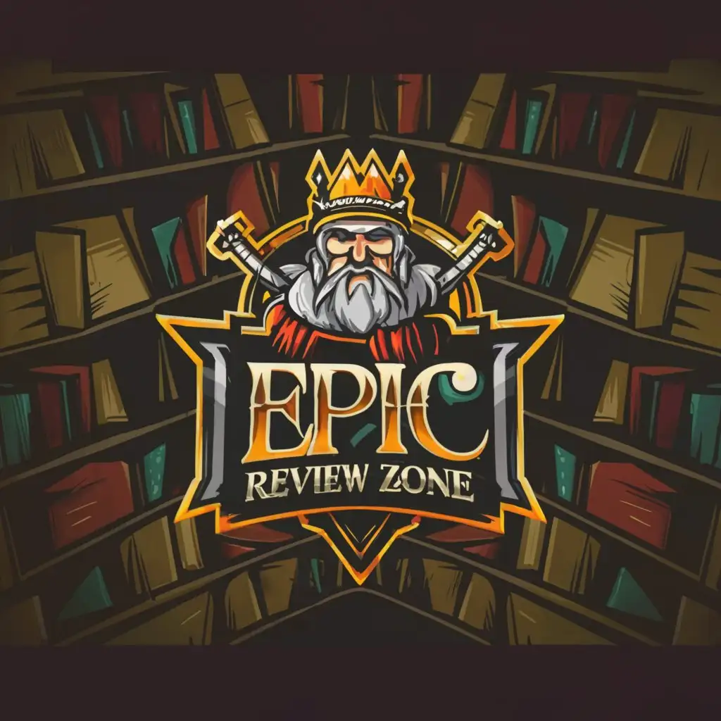 a logo design,with the text "Epic Review Zone", main symbol:Old warrior in royal library"
