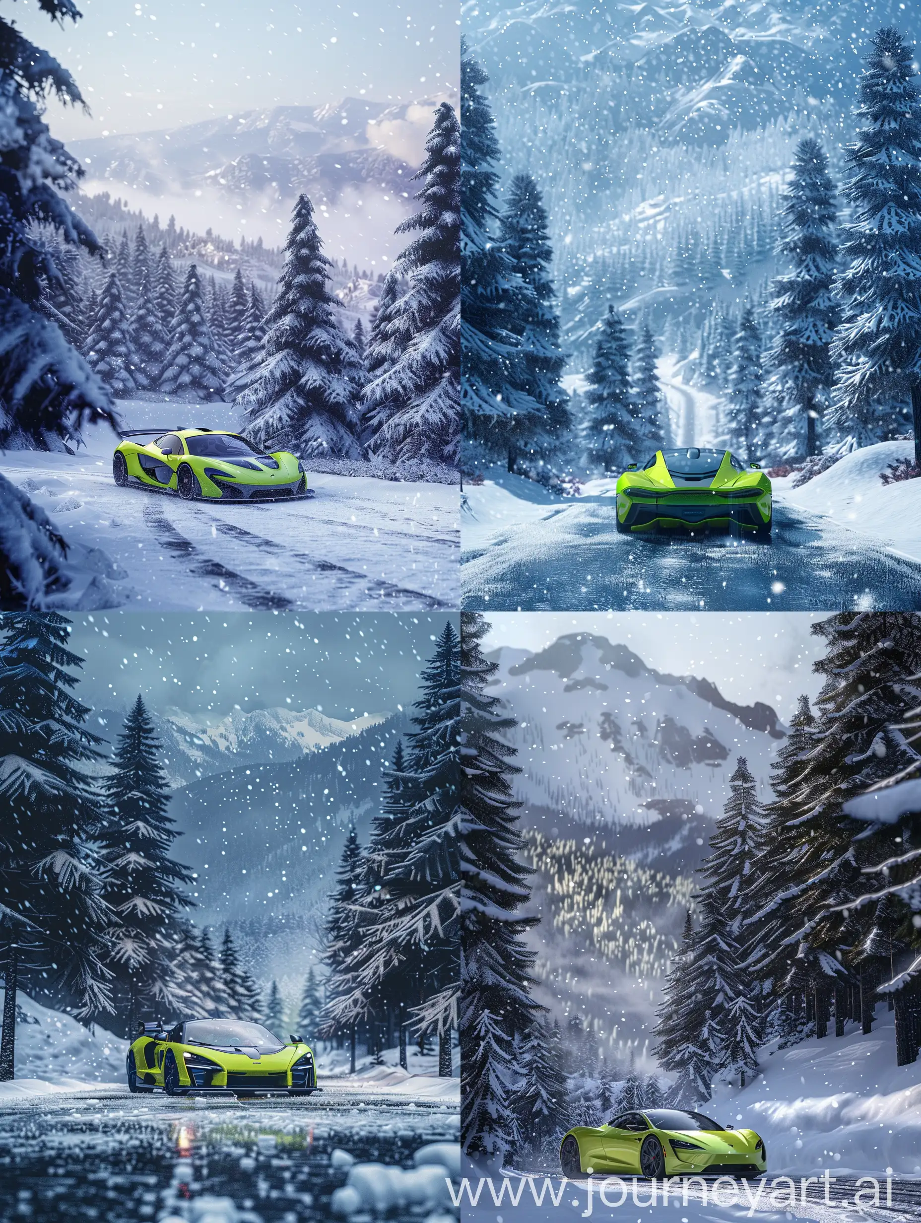 Hyperrealistic photo, anime b
ackground with snow on the forest and pine trees and an electric bright green super c
ar located in the mountains, a photo taken on a winter day, there is snow everywhere and it is snowing, 4k all in beautiful anime 

