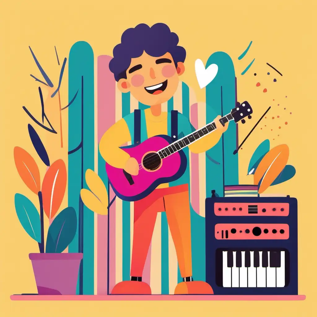 flat illustration style. a happy adult songwriter. very colorful.