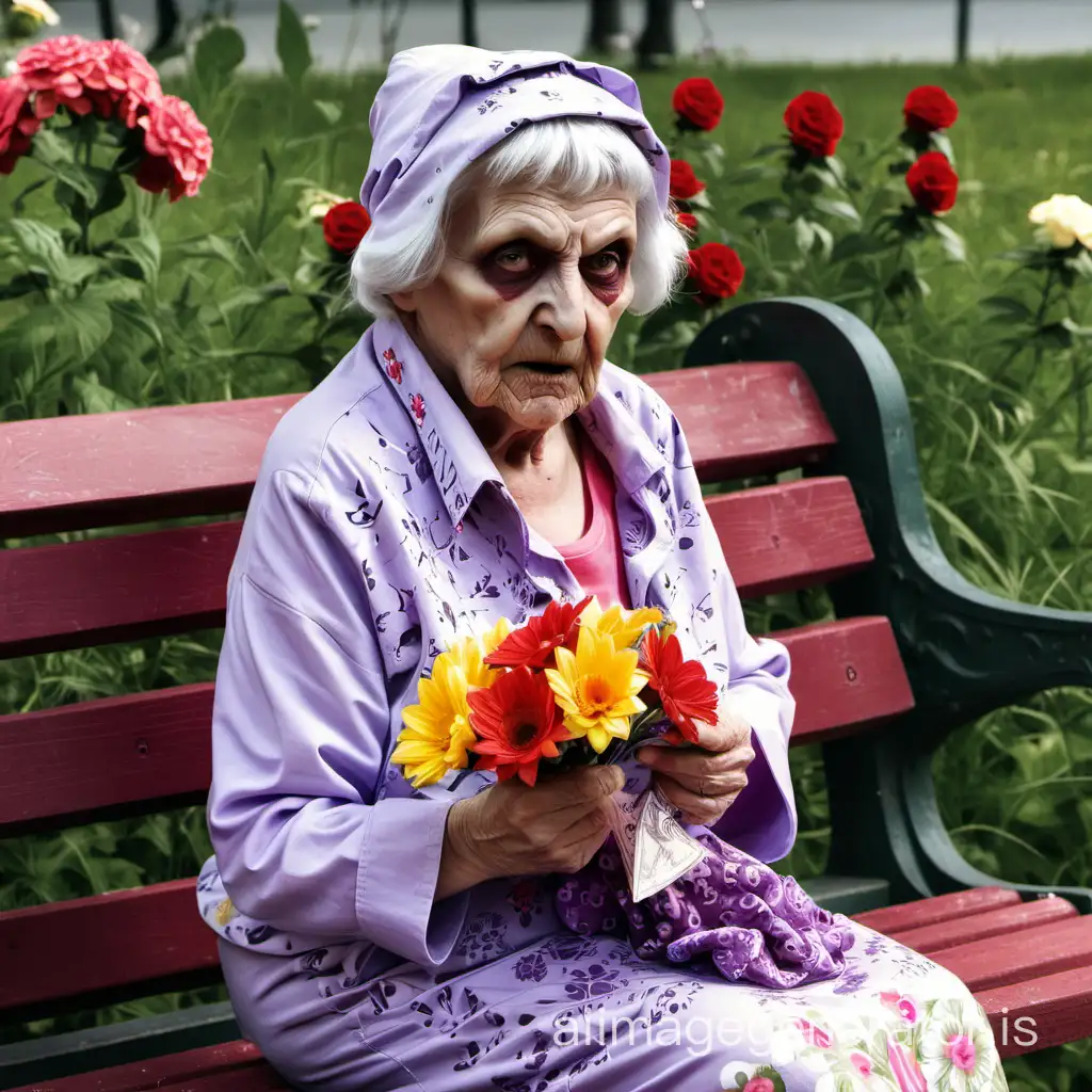 An evil grandmother in a kerchief with flowers on a bench near the entrance swears