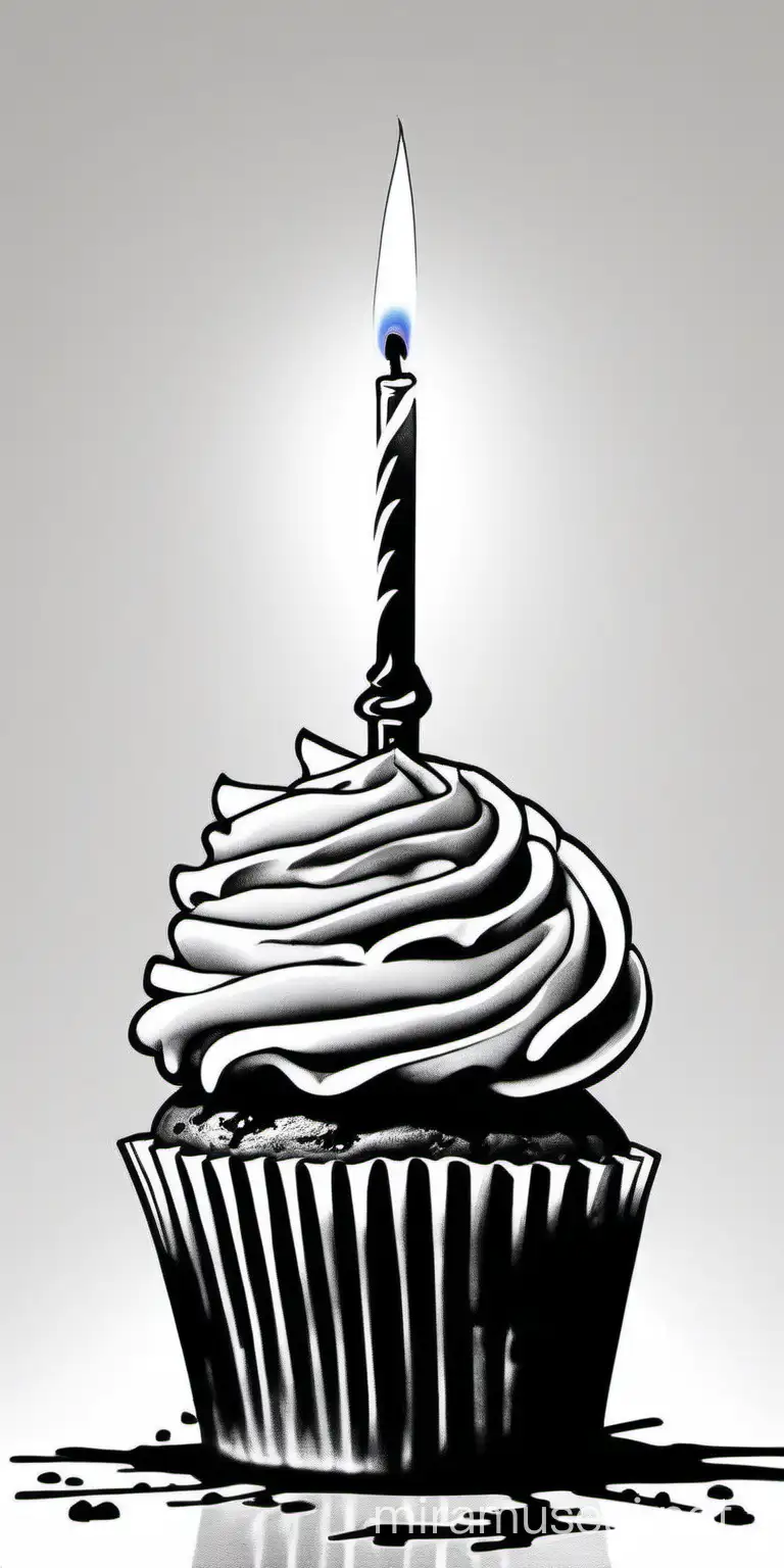 banksy graffiti style cupcake on white background. black and white. single candle on cupcake