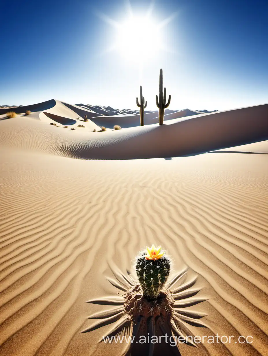 Песок, Пустыня, один кактус  Солнце, Чистое небо, Дюны, Фон
