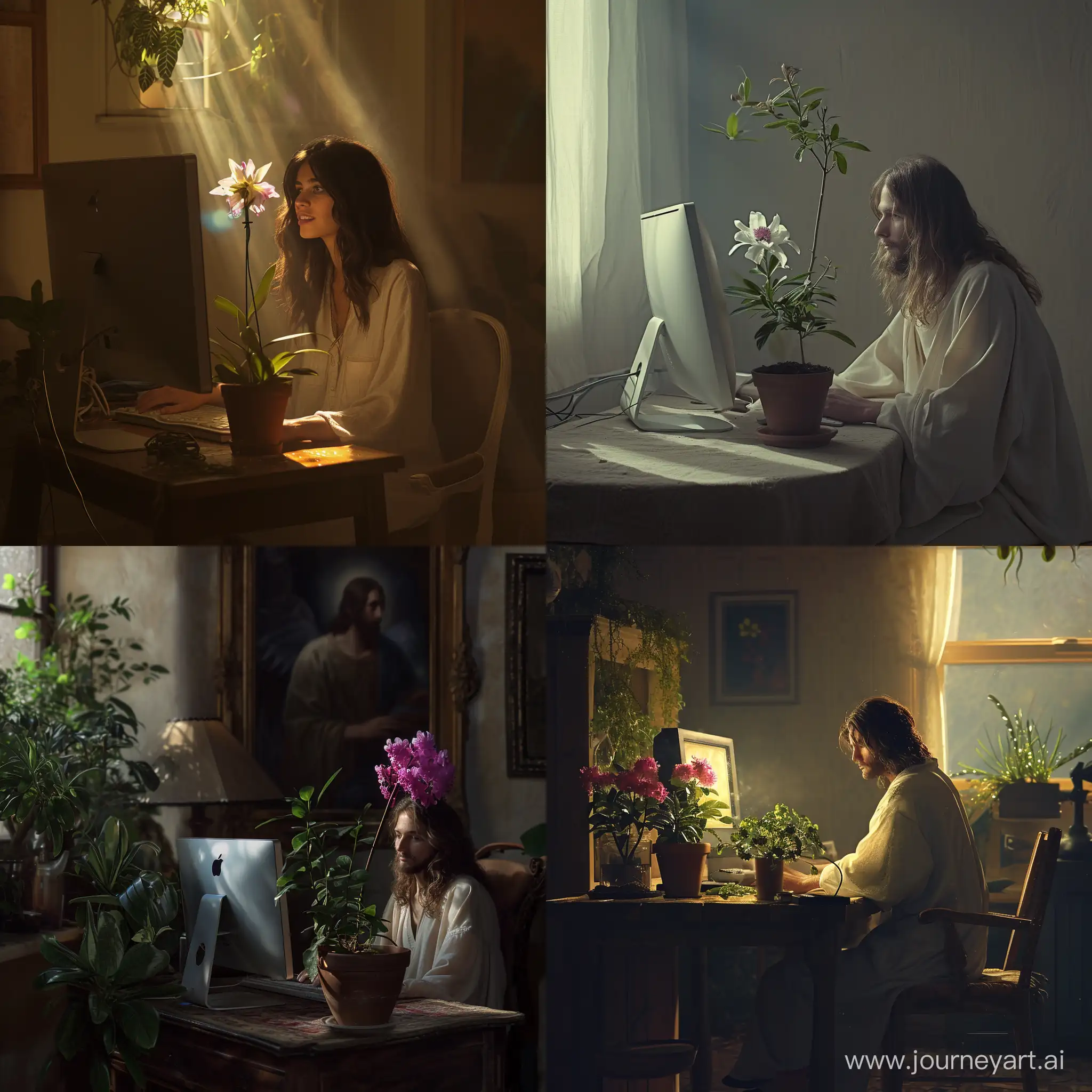 designer woman sitting at the computer, on the table is a flower in a pot in the room is light, photorealism Jesus in the Garden of Eden