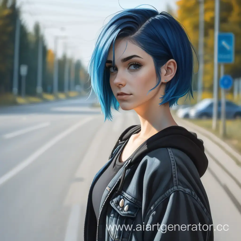девушка  25  года  брюнетка с синими волосами с короткой стрижкой,в черном футболке и в тонкой  куртке , джинсы . холодный взгляд , стоит на дороге ,  с ухмылкой