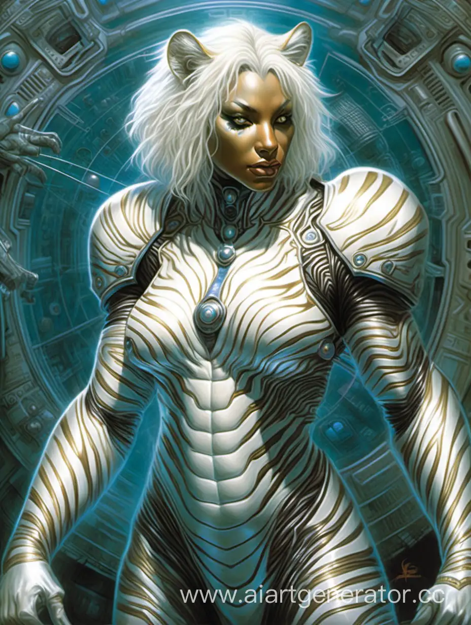 A science fiction anthropomorphic white tiger in artstyle by Donato Giancola and Terese Nielsen