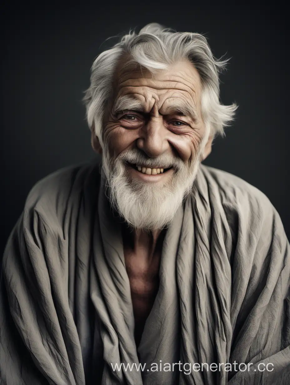 an elderly man dressed in a simple robe and covered with wrinkles of time. He has grey hair and beard, deep wise eyes and a characteristic smile on his face