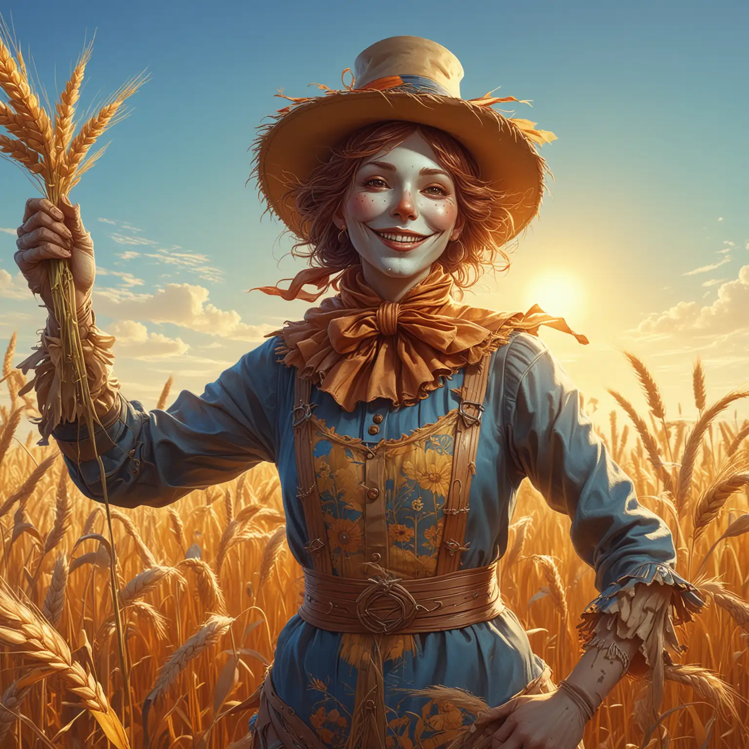 Outstanding scarecrow at a field, Cheerful scarecrow with award, Field of wheat, Blue sky, Happy sun, Digital illustration, Bright and colorful, Realistic with a touch of fantasy, Highly detailed and sharp focus, Warm and golden lighting, by James Jean and Alphonse Mucha, Artstation