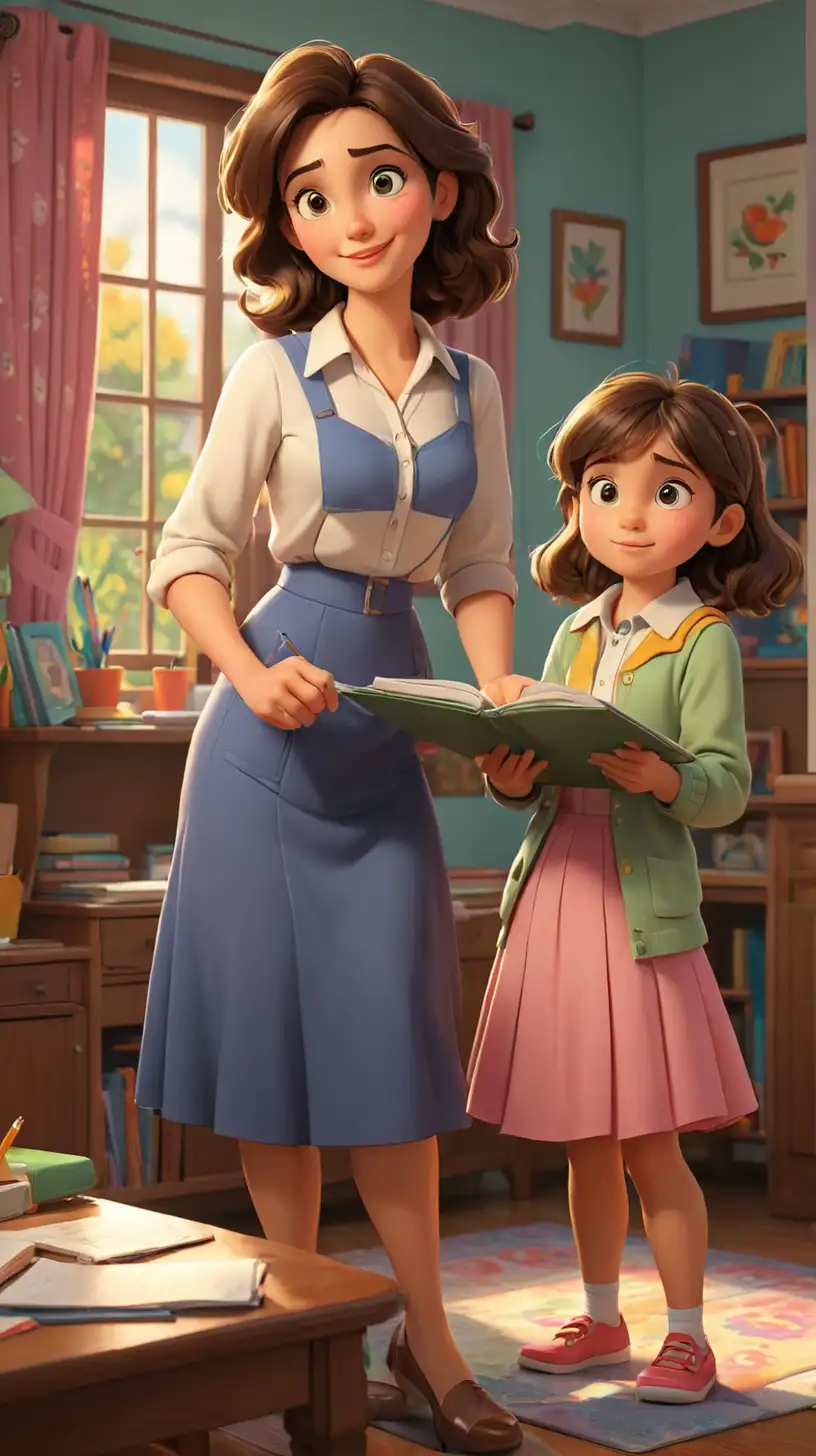 Create a 3D illustrator of an animated scene where a good mother, dressing like a teacher, standing behind a little girl doing her homework in her home.   Beautiful and colourful background illustrations.