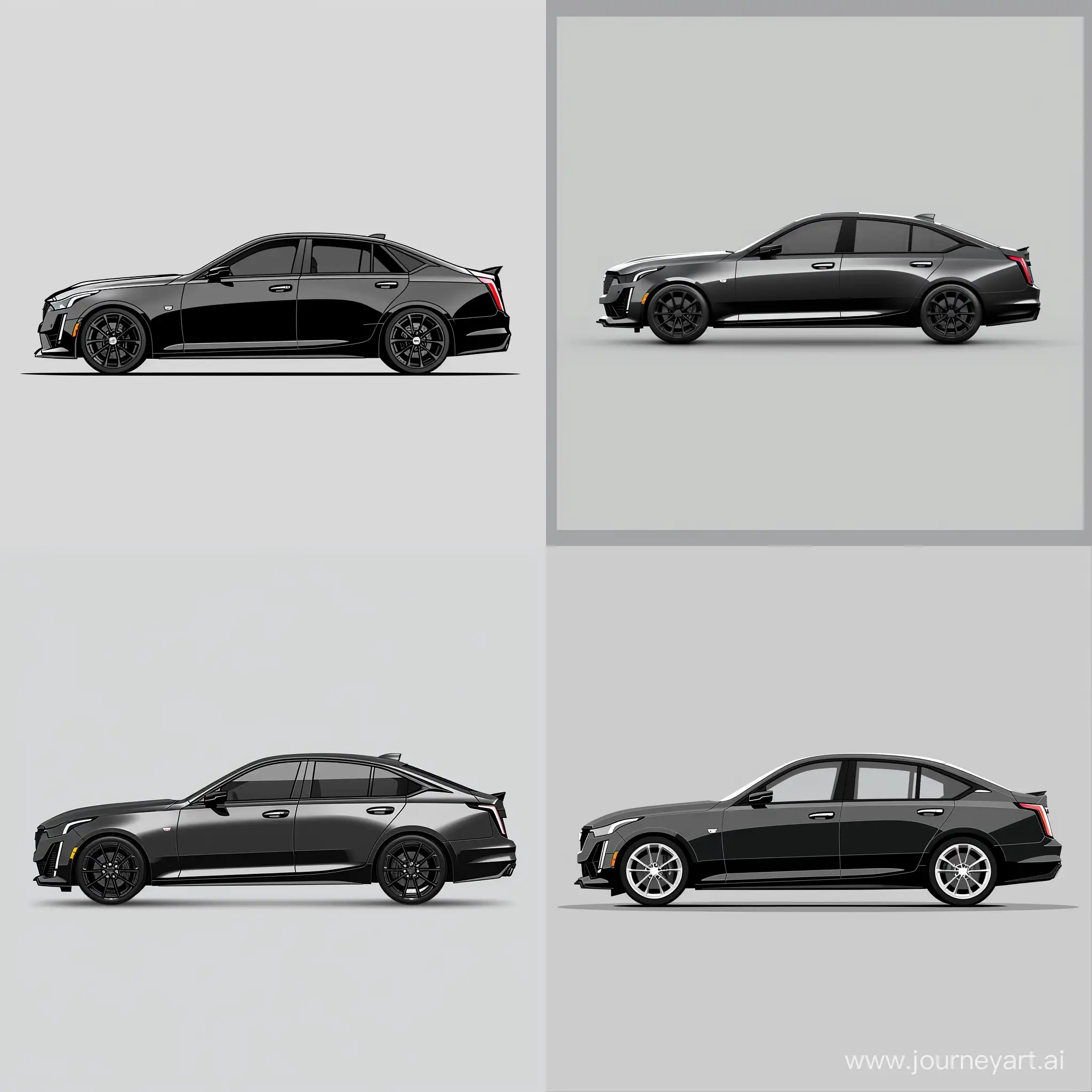 Minimalism 2D Illustration Car of Side View, Cadillac CT5: Customized, Black Body Color &, Simple Gray Background, Adobe Illustrator Software, High Precision