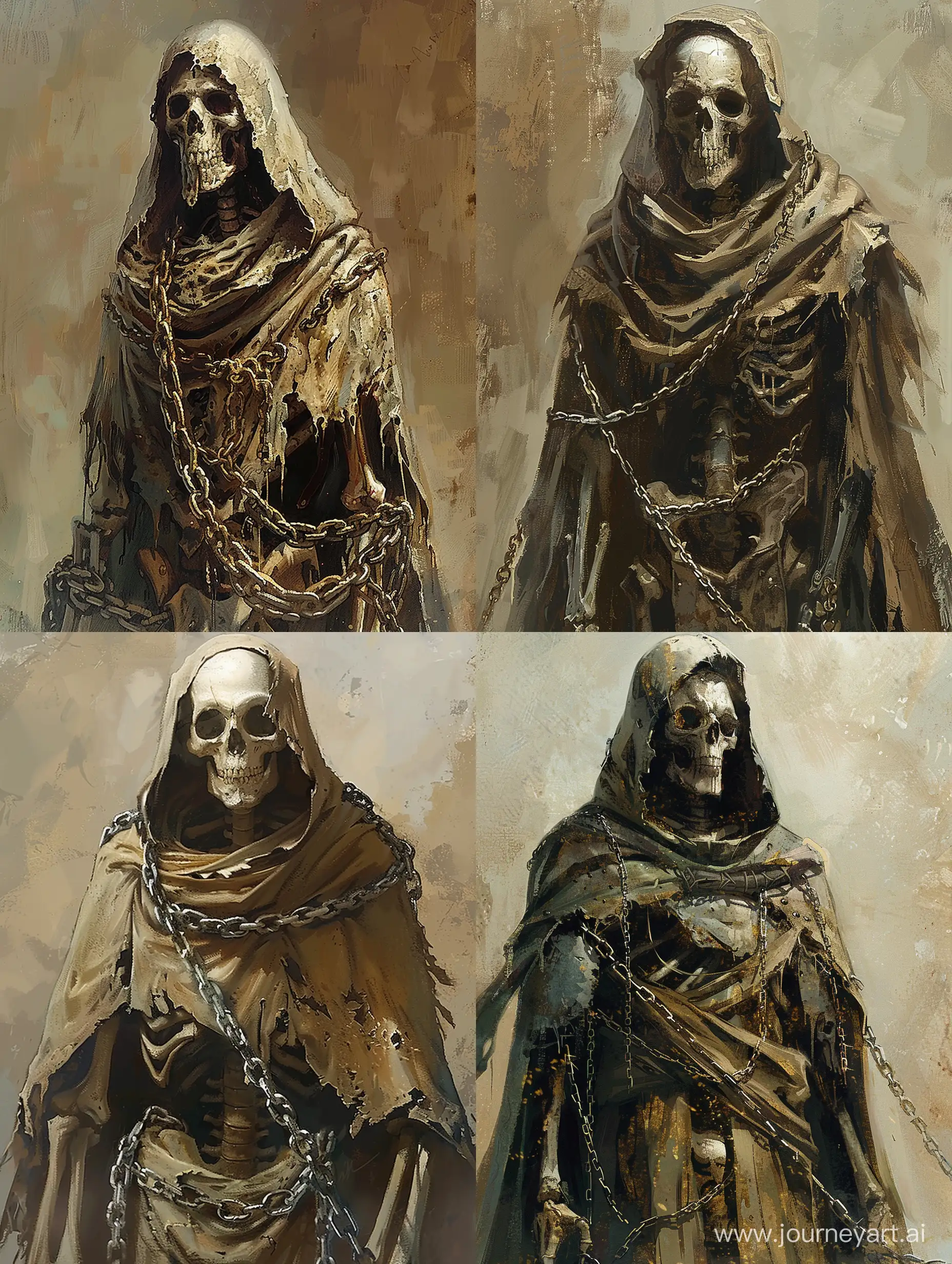 The central subject is a skeletal being draped in tattered robes and armor. The figure wears a hooded cloak, obscuring most of its skull-like face. Only the empty eye sockets and an open mouth are visible. The robes are worn and torn, suggesting age or neglect. Chains are wrapped around its body, adding to the eerie ambiance.
The background is rendered in muted tones, enhancing the overall sense of foreboding. The figure stands against this backdrop, exuding an aura of ancient malevolence.
