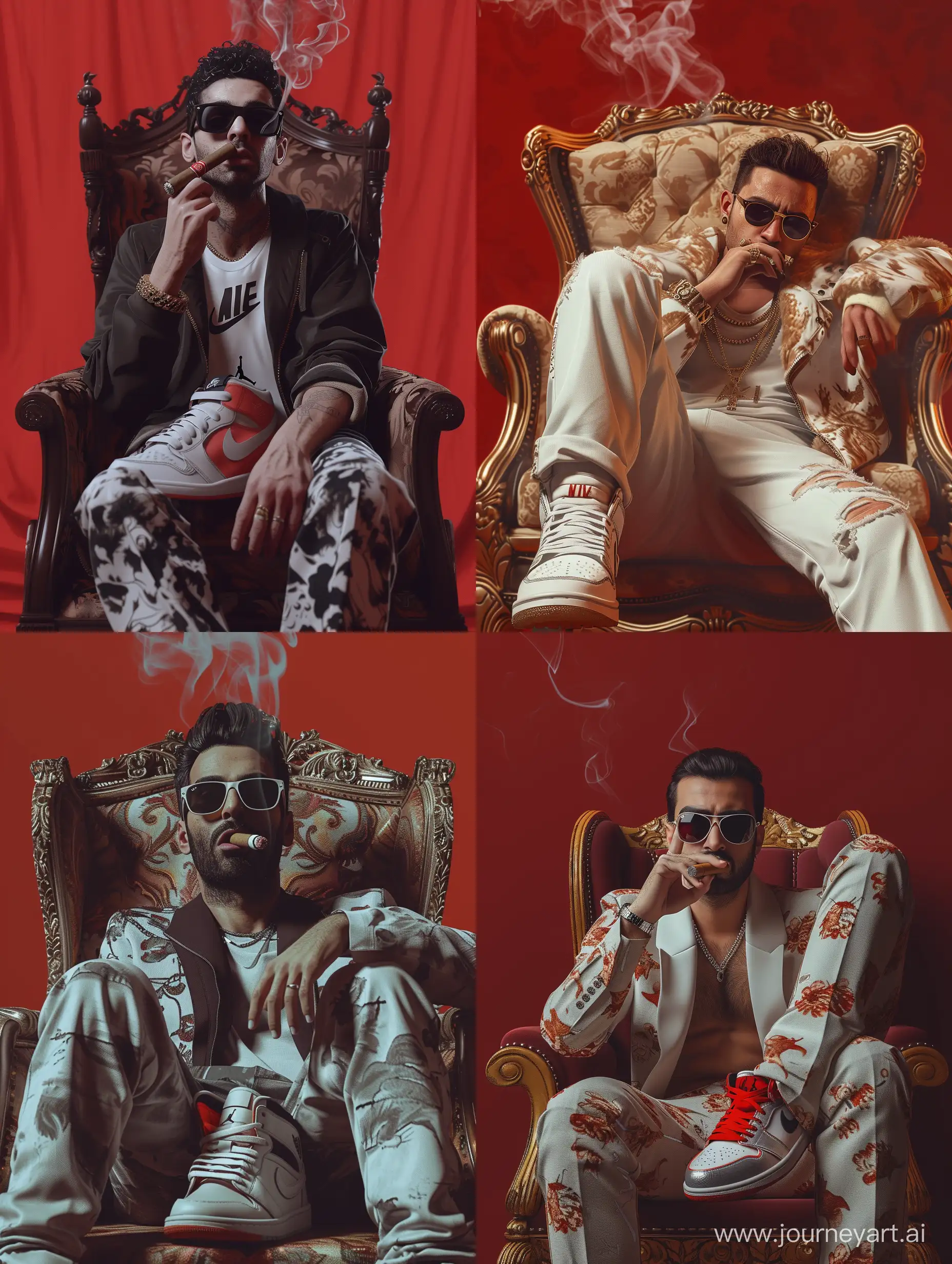 Persian-Man-in-Stylish-Nike-AJ-Shoes-and-Fashionable-Attire-Smoking-a-Cigar-on-a-Royalty-Chair