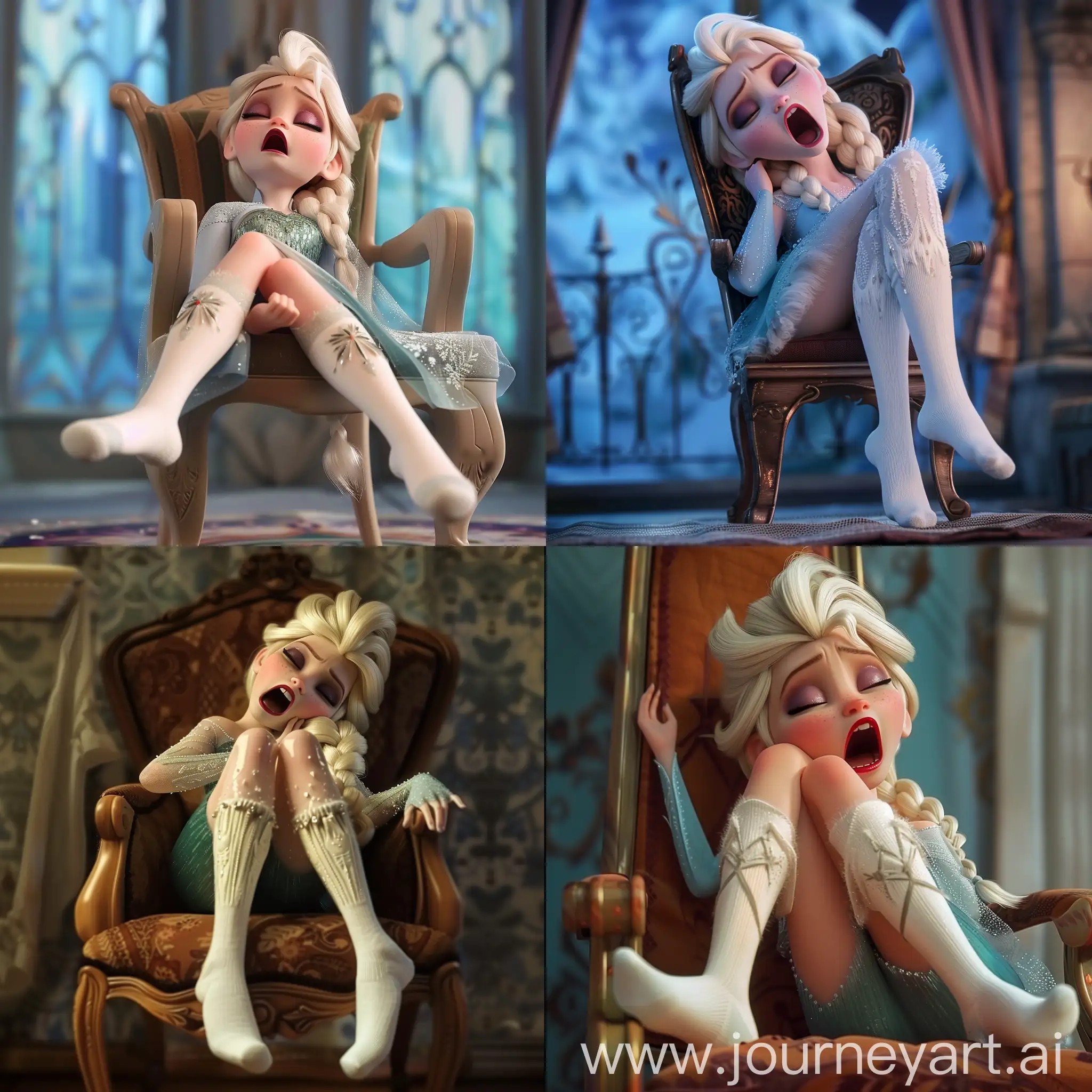 elsa frozen, wearing white socks, sleeping with her mouth opened, sit on chair