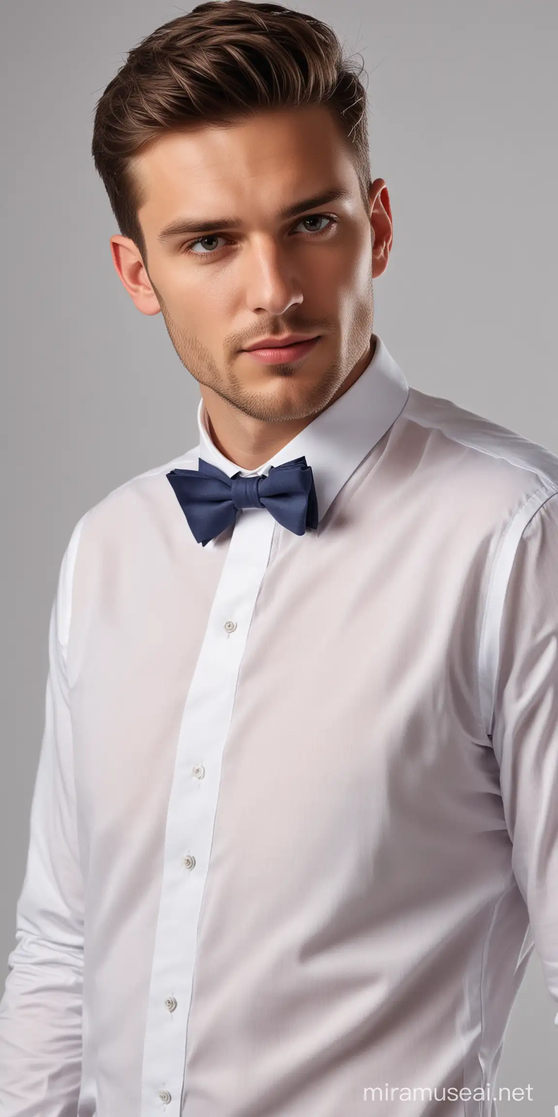 Professional Male Model Posing in Studio with White Shirt and Colorful Bow Tie