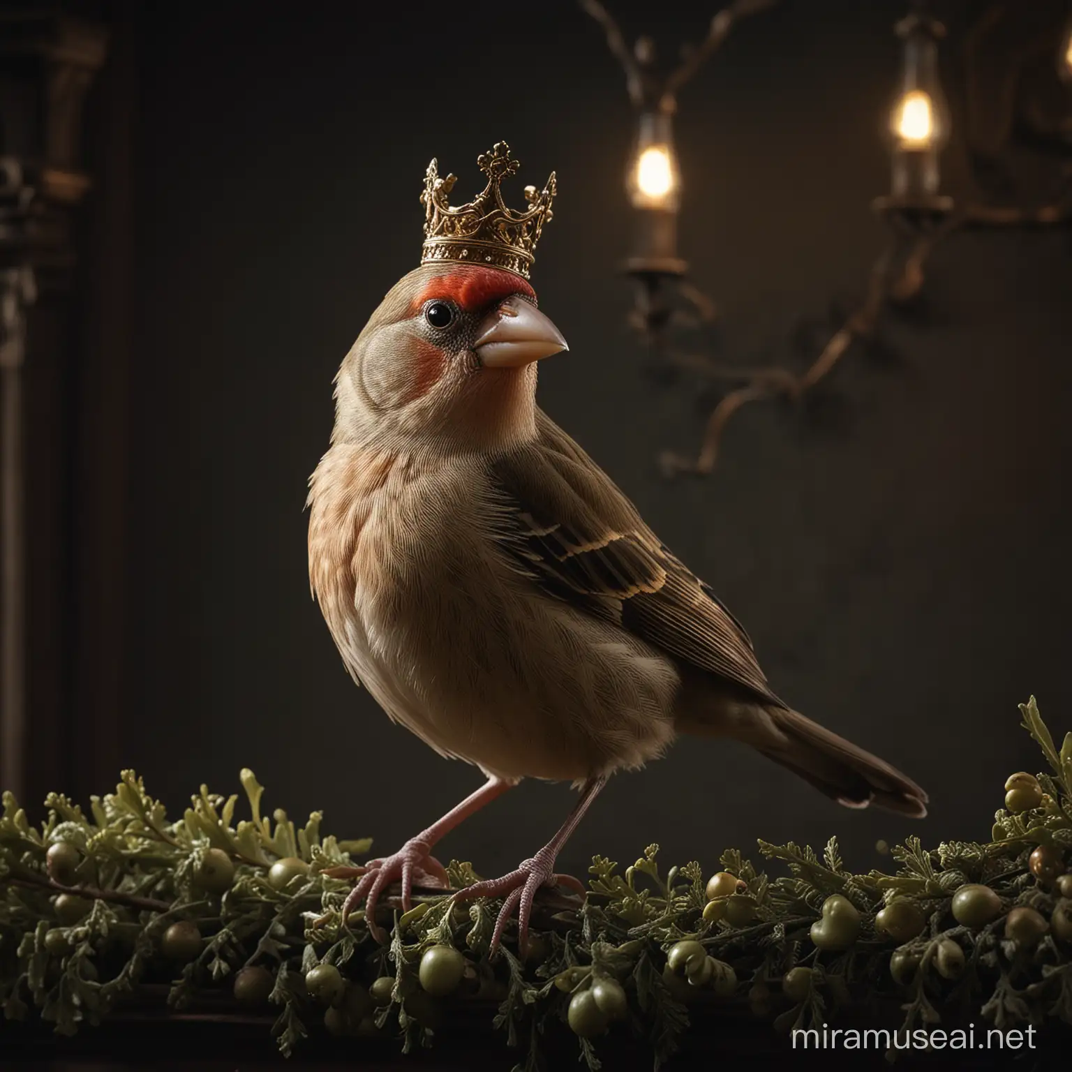 "Produce an image portraying a finch perched gracefully, adorned with a vintage, delicately crafted crown upon its head looking into camera. The finch should emanate an aura of regality, with its posture conveying poise and elegance. Set against a backdrop of a dark, neon-lit environment, the scene should exude an intriguing blend of modernity and antiquity. The lighting should accentuate the finch's features and the ornate details of the crown, creating a visually captivating composition."