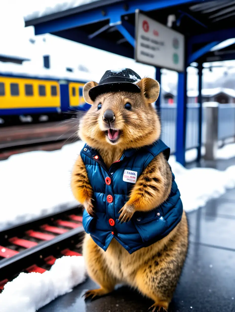 A broadly smiling quokka standing at snowy train station platform waiting for the train with a warm hat, a vest and snowmufs