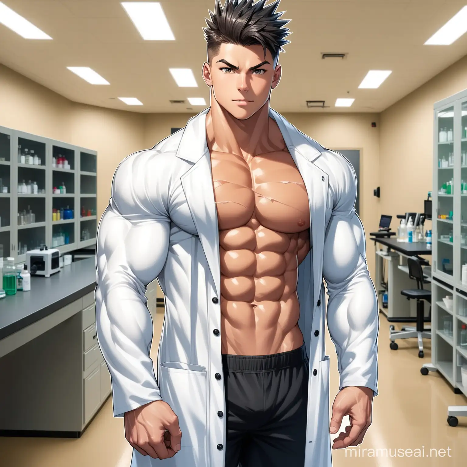Teen muscle,muscular 16 year old male, black spiky haircut, white wide torn lab coat, lab scenery, 8 pack abs, muscular male body, extra huge body