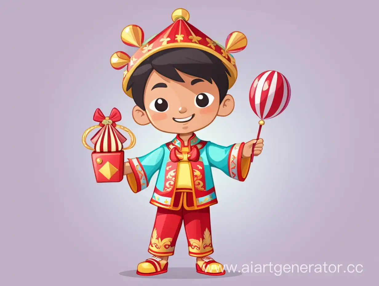 Cheerful-Asian-Boy-in-Festive-Carnival-Costume-Holding-Holiday-Prop-in-Vibrant-Cartoon-Style