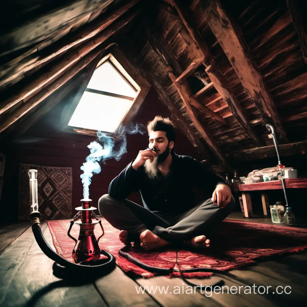 Bearded-Man-Enjoying-Hookah-Time-in-Cozy-Attic-Retreat