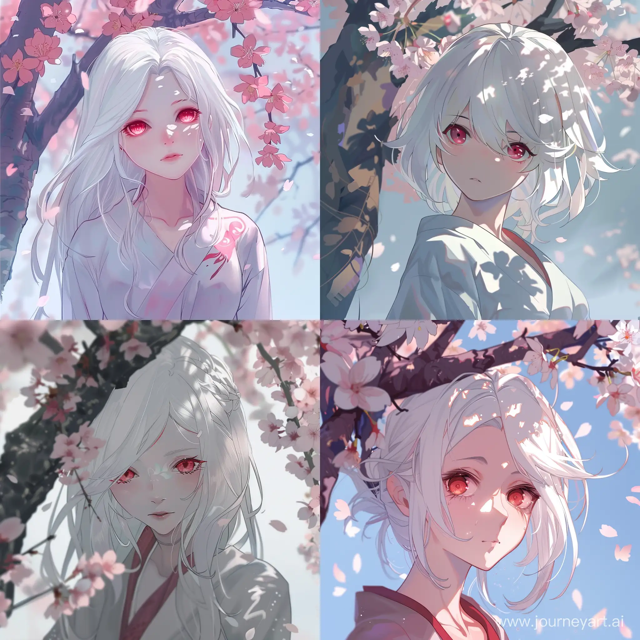一个高冷的红瞳白发御姐，站在樱花树下，呈现一种意境美