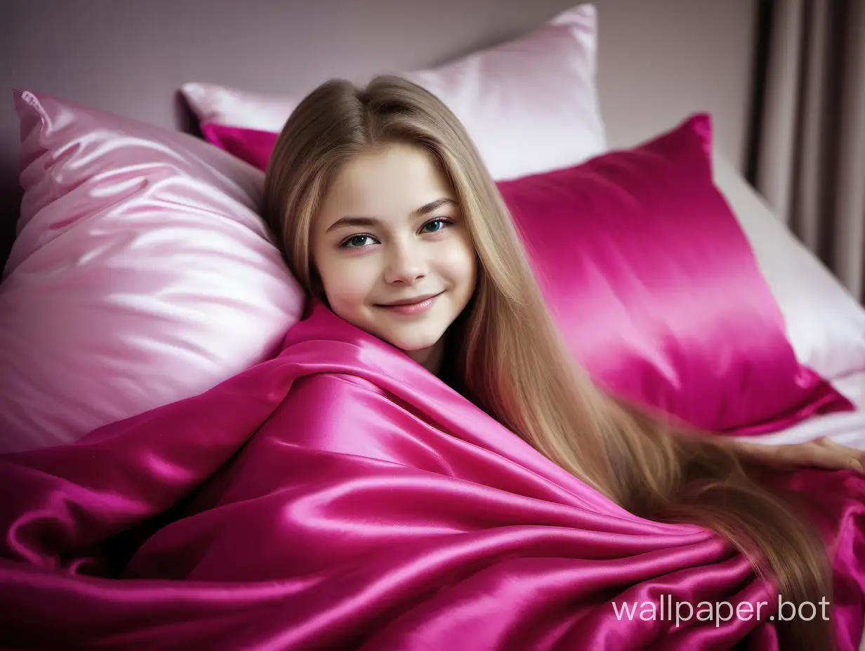 Yulia Lipnitskaya with long silky hair Smiling, relaxing under luxury pink fuchsia silk pillow and blanket
