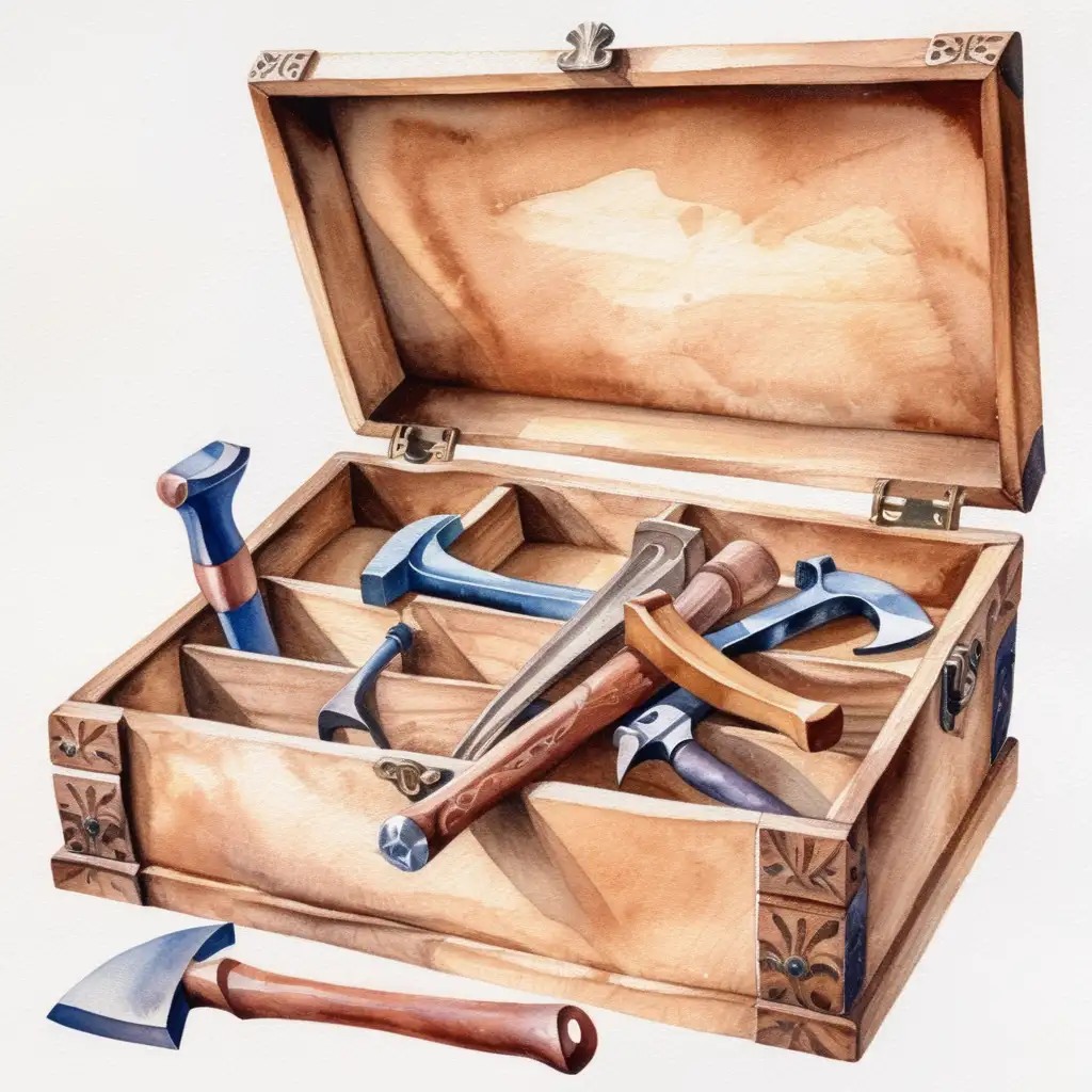 medieval carpenters tools in wooden tool box, watercolor