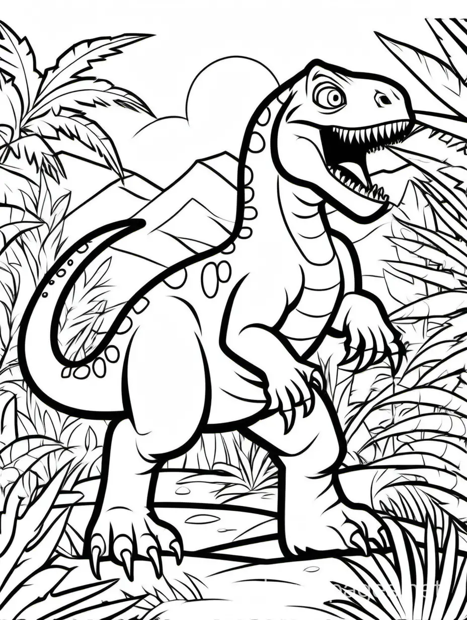 outline of dinosaur, thick black lines for a kids coloring page, jungle background, Coloring Page, black and white, line art, white background, Simplicity, Ample White Space. The background of the coloring page is plain white to make it easy for young children to color within the lines. The outlines of all the subjects are easy to distinguish, making it simple for kids to color without too much difficulty