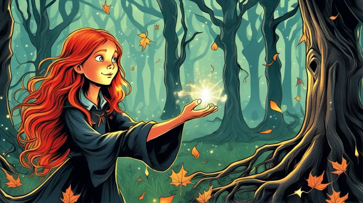 illustrate A ten-year-old long red-haired witch doing magic with her hand to a tree in the magical forest