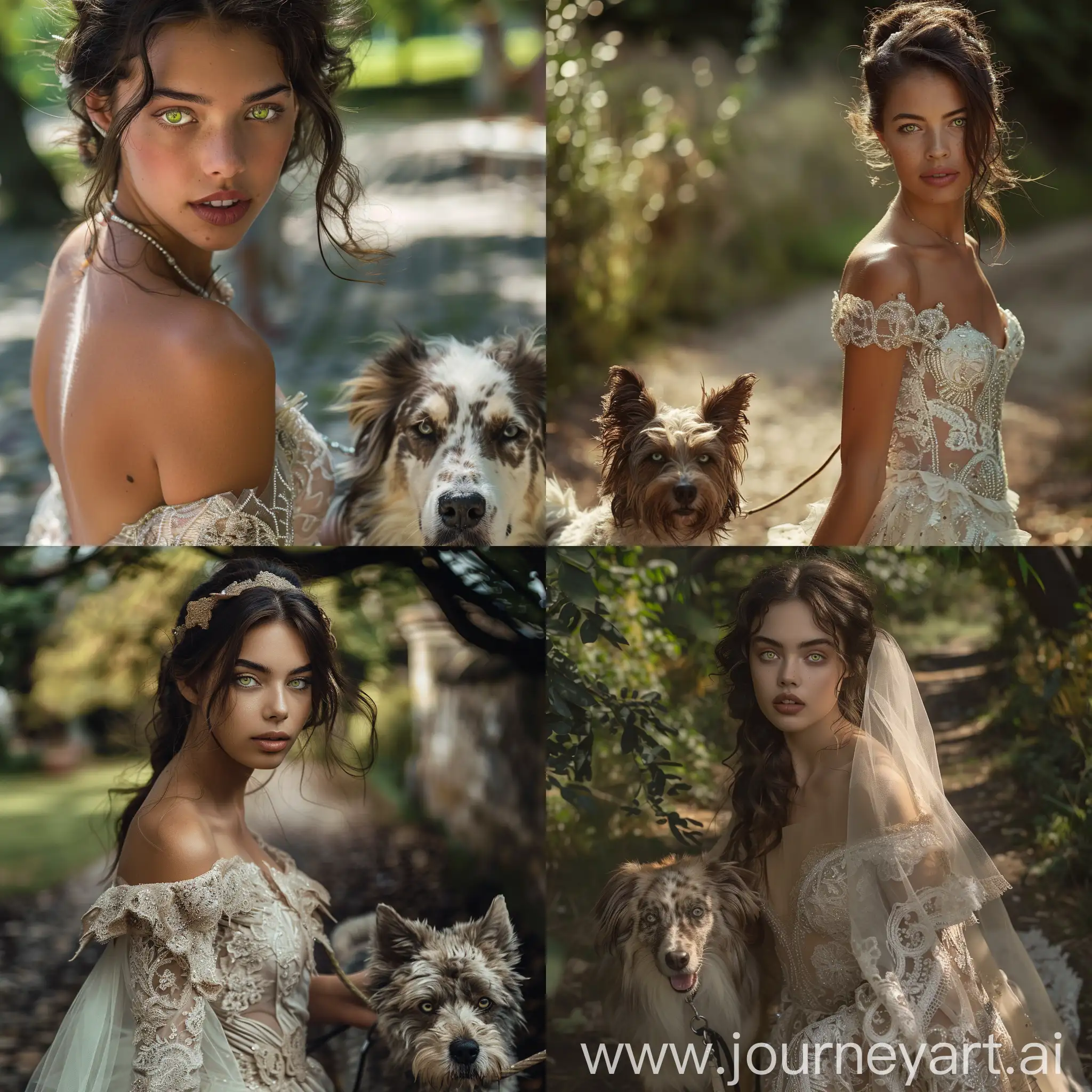 Brunette-Bride-Walking-Dog-Elegant-Wedding-Portrait-with-Sony-ariii-Camera