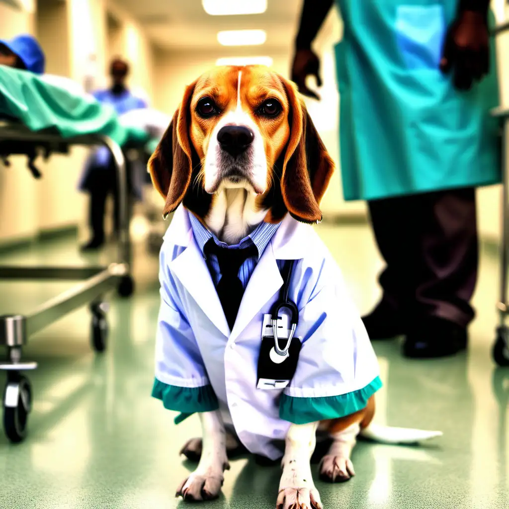 Beagle dressed as a doctor in a busy hospital 