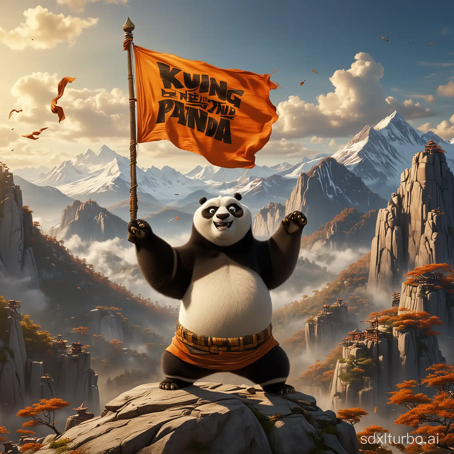 Kung Fu Panda defeated the tiger, stood on the mountaintop draped in a banner, and raised its arms to display its victory.