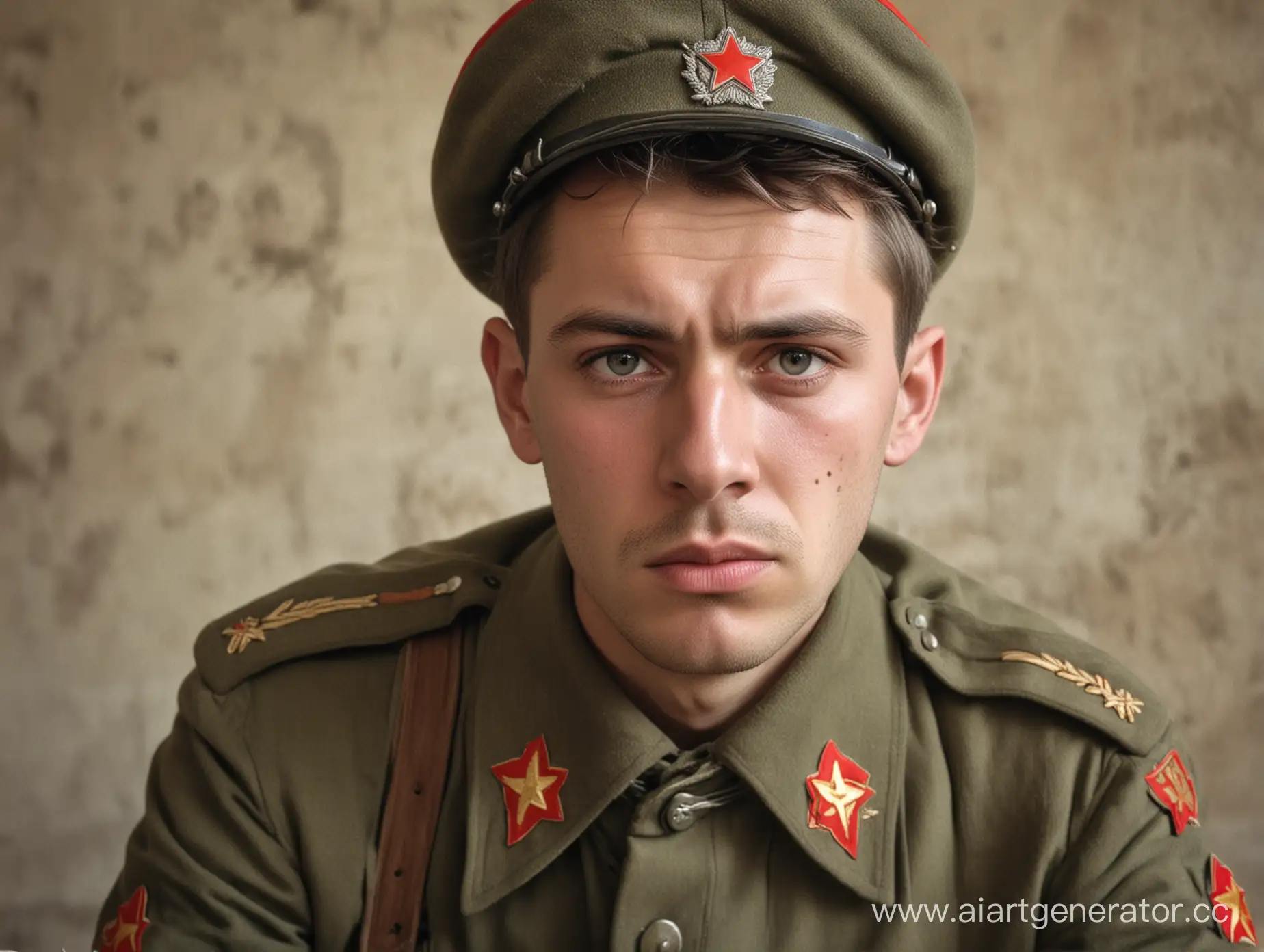 Weary-Red-Army-Soldier-Gazing-at-Camera