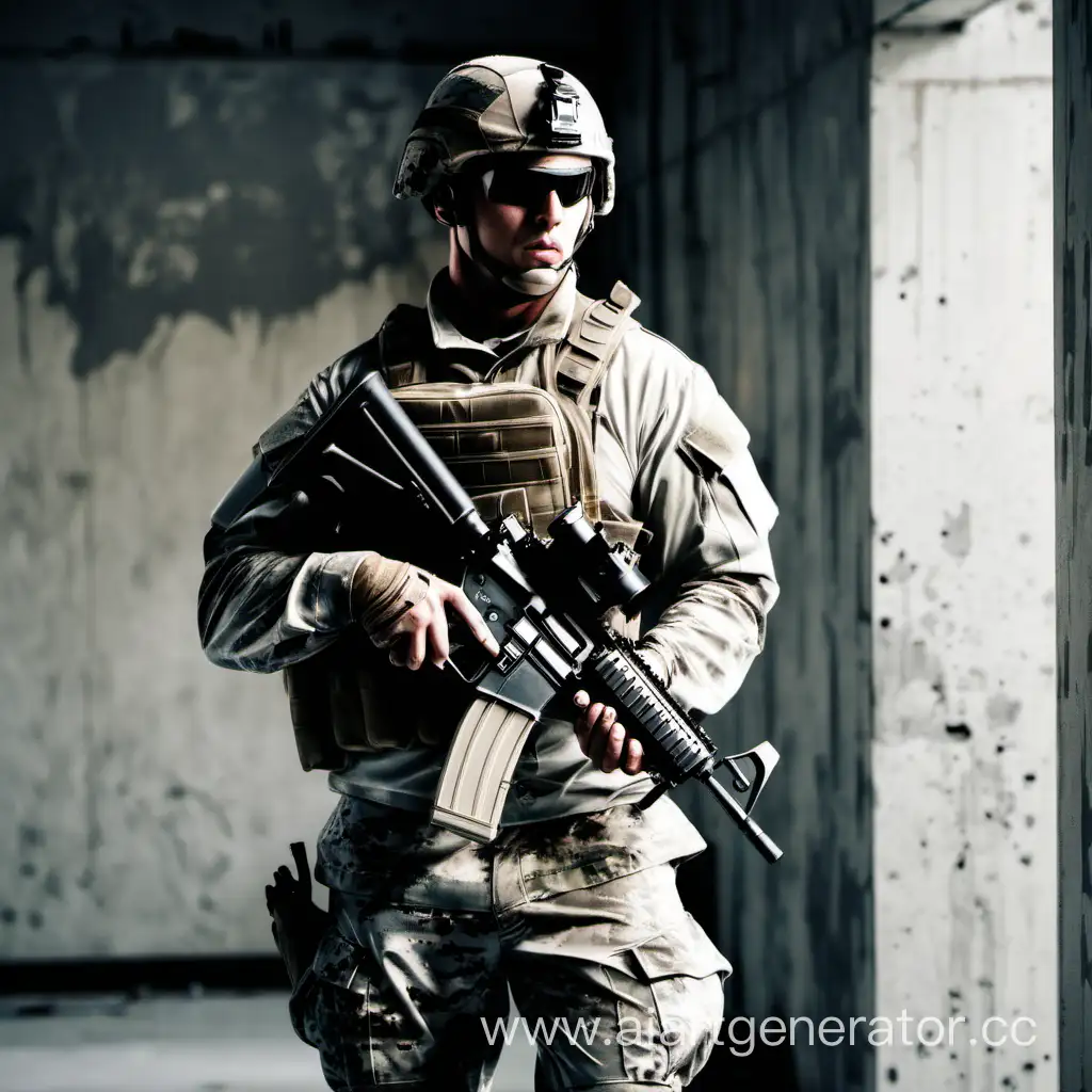 современный солдат в здании с автоматом в руках