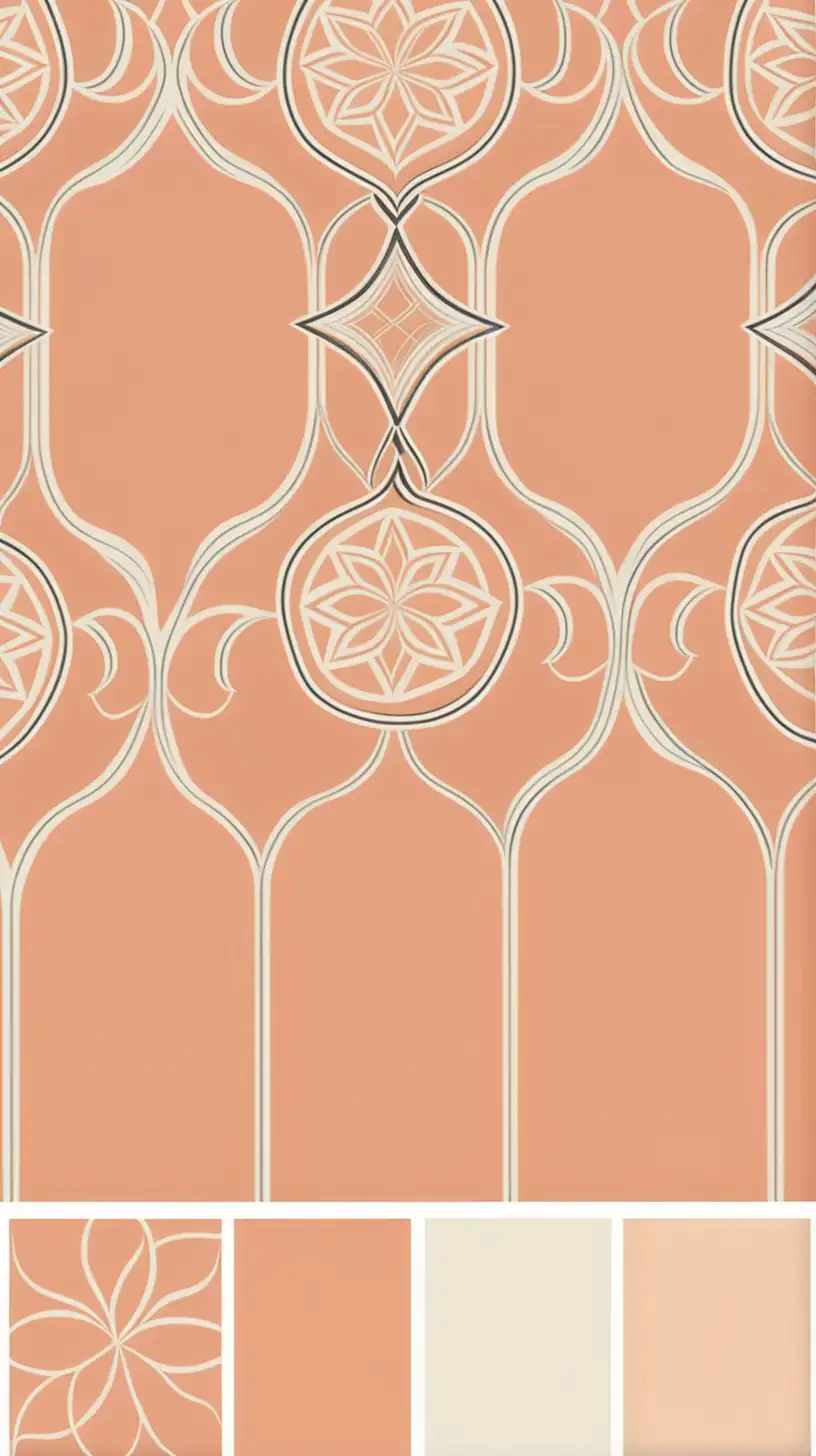 Create a sophisticated vector monochrome pattern with a chic Pantone color "peach fuzz" and cream color palette. Pair this palette with statement-making patterns inspired by Moroccan minimalist style. The design should feature striking and bold motifs that infuse modern and minimalistic elements with Moroccan influences, incorporating micro-pattern techniques for added depth and visual interest.
