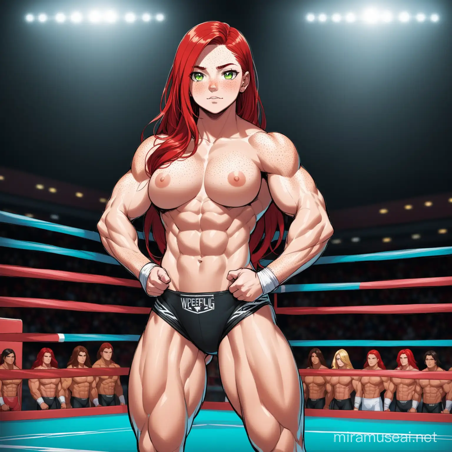 tall muscular female teenager, long red hair, medium bulky muscle breasts, doll face, freckles, green eyes, detailled pupils, hard rock abs, topless in wrestling ring