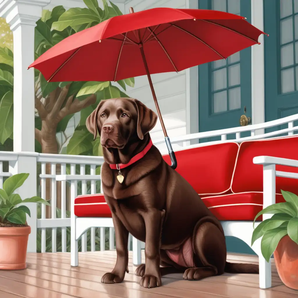 Chocolate labrador retriever holding an umbrella. He is sitting on a porch with a red outdoor couch behind him and a ficus tree to his left. 