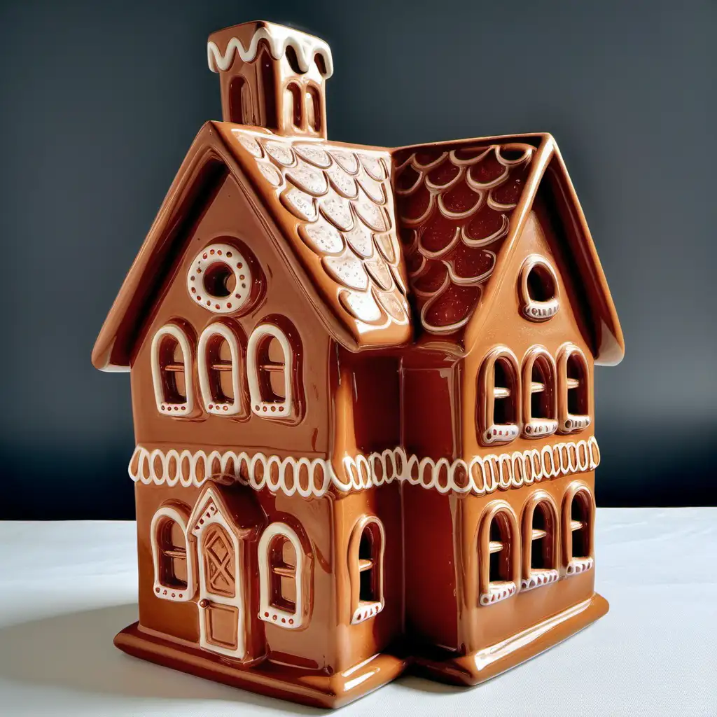 Handcrafted Brown Ceramic Gingerbread House Sculpture