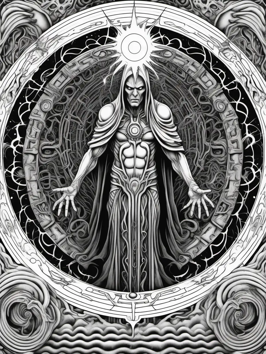 Adult coloring book page. High details. Black and white. No grayscale. Open spaces for coloring. Perfect symmetry mandala scaled for ar 3:4. Robed man with beams of eldritch lightning shooting out of eyes, in style of H.R. Giger.