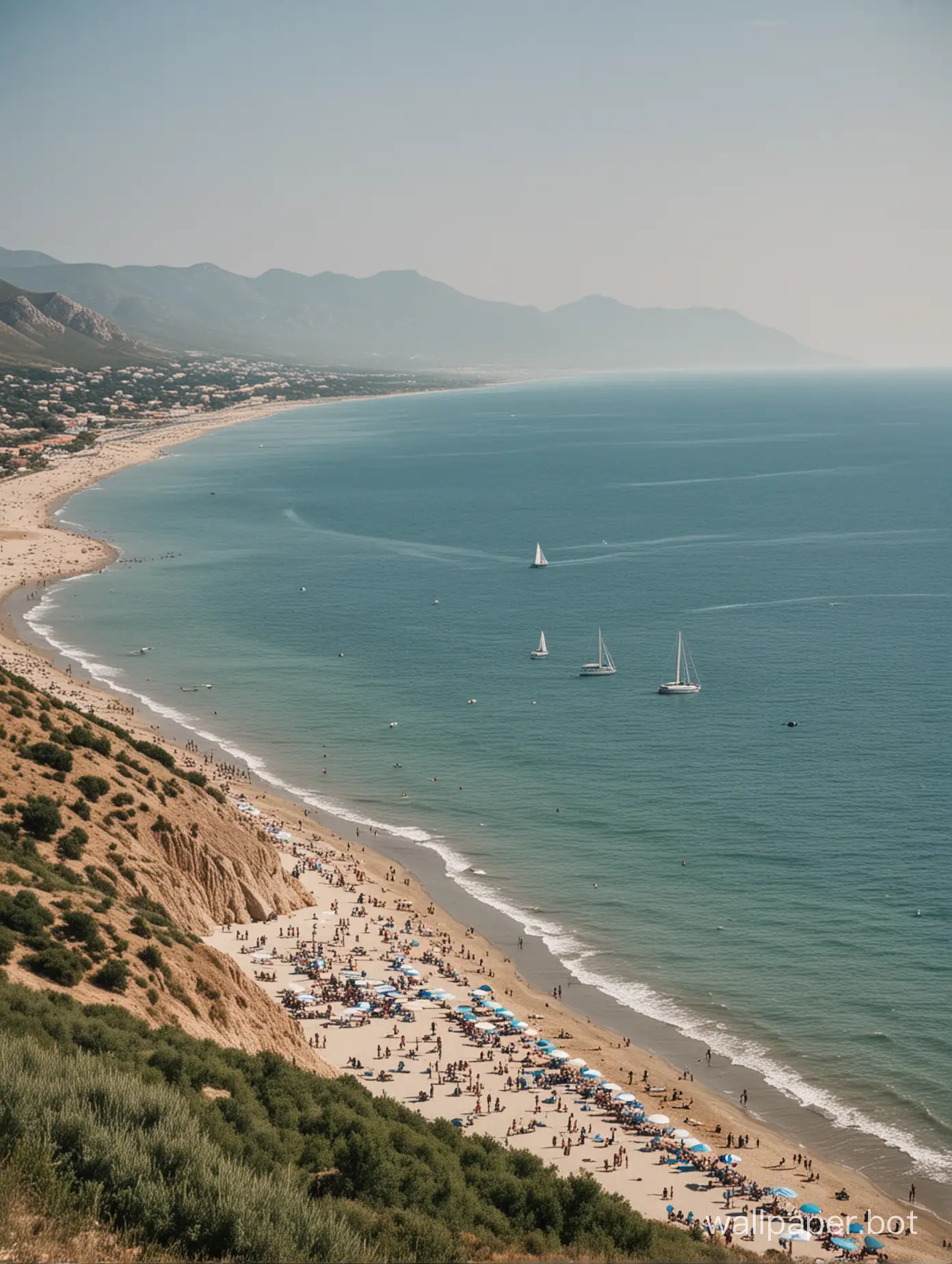 Crimea, Koktebel, beach in the distance, yacht, people