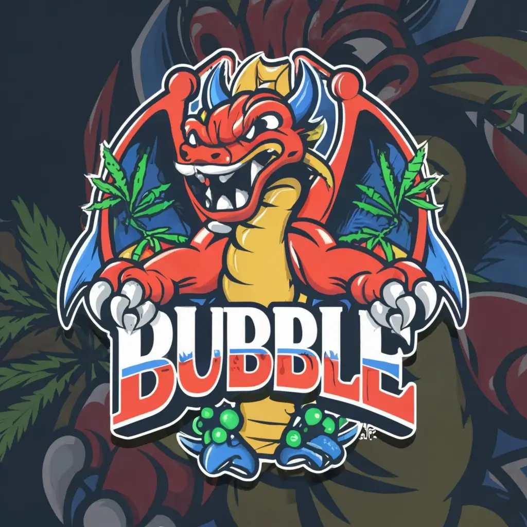 a logo design, with the text 'BUBBLE', main symbol: A red and evil winged dragon with a purple and magical aura. The logo is round and decorated with marijuana flowers and mushrooms. All colors must be bright. The dragon is dressed as a drug dealer., complex, clear background