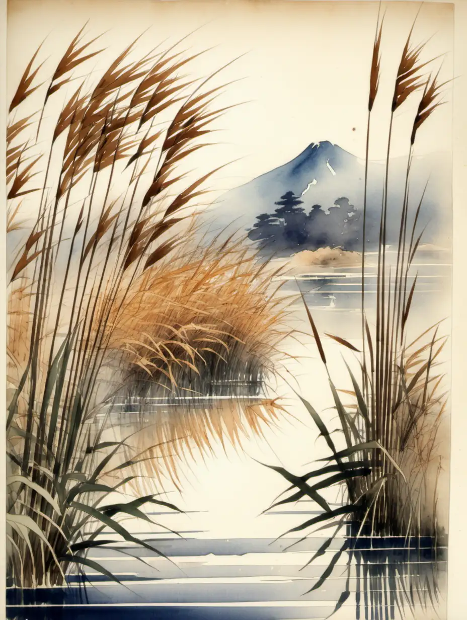 Vintage Japanese Watercolor Art featuring Reeds