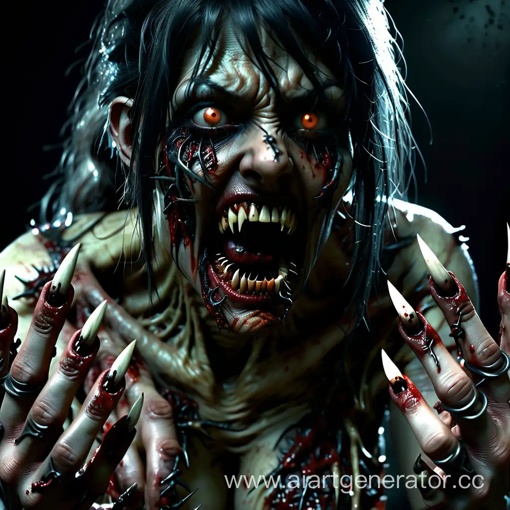 rotten skin hungry terrible curvy zombie with long curved pointed nails protruding from her five fingers like menacing claws, her mouth is threateningly open exposing pointed teeth resembling fangs, her skin is pale and rotting, and her creepy eyes are a empty, the scene takes random place at night in a dark, hyper-realism, cinematic, high detail, photo detailing, high quality, photorealistic, terrifying, aggressive, bloodlust, sharp fangs, dark atmosphere, realistic, detailed nails, horror, atmospheric lighting, full anatomical. human hands, very clear without flaws with five fingers