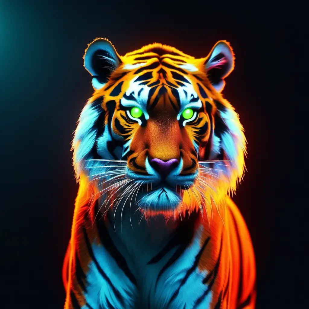 Create a full face bioluminescent translucent neon orange of himalayan tiger, neon crystal green eyes, dark background, majestic, magical, photo realistic, hyper fidelity, soft bokeh
