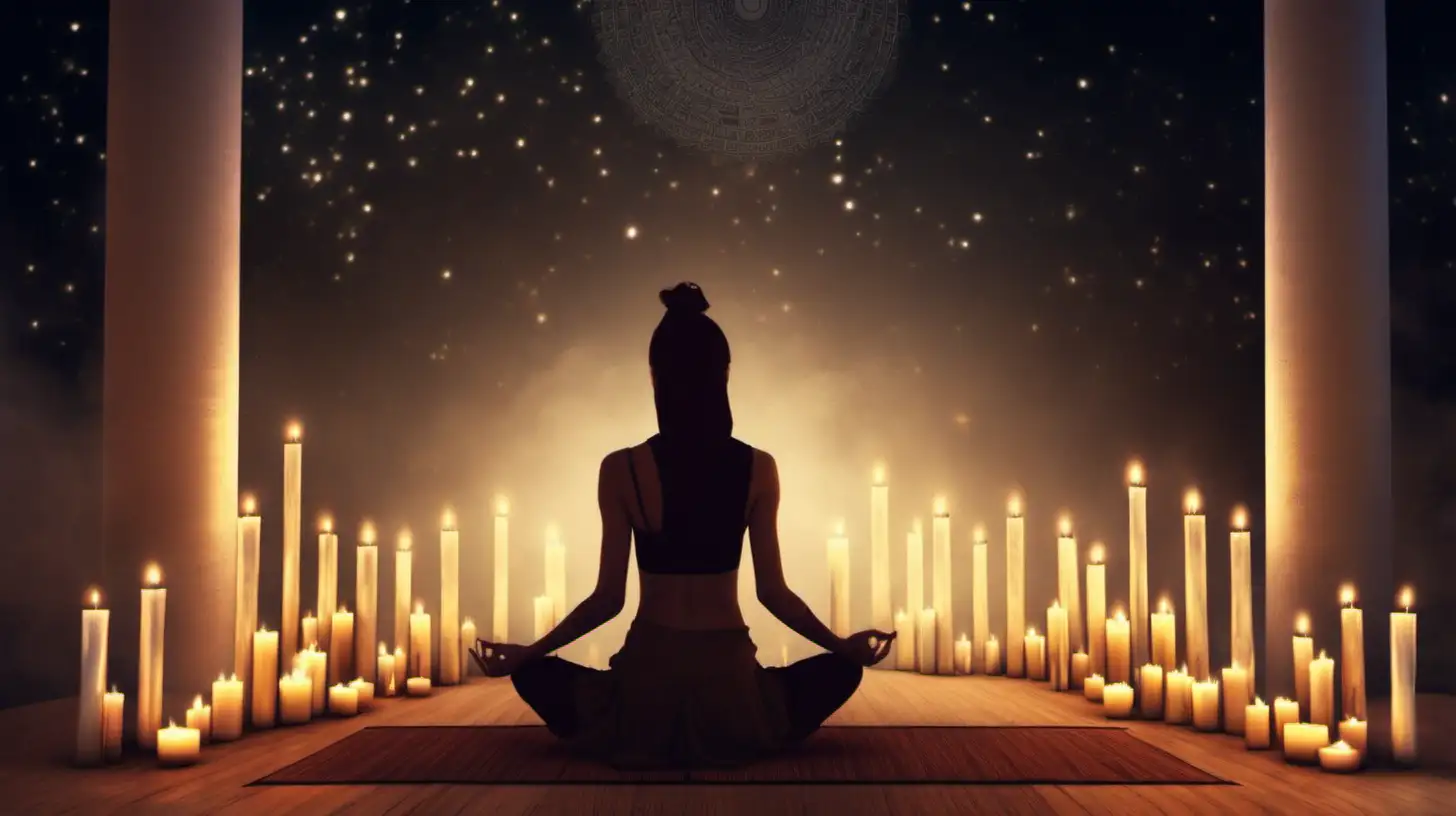 Serene Woman Meditating by Candlelit Pathways