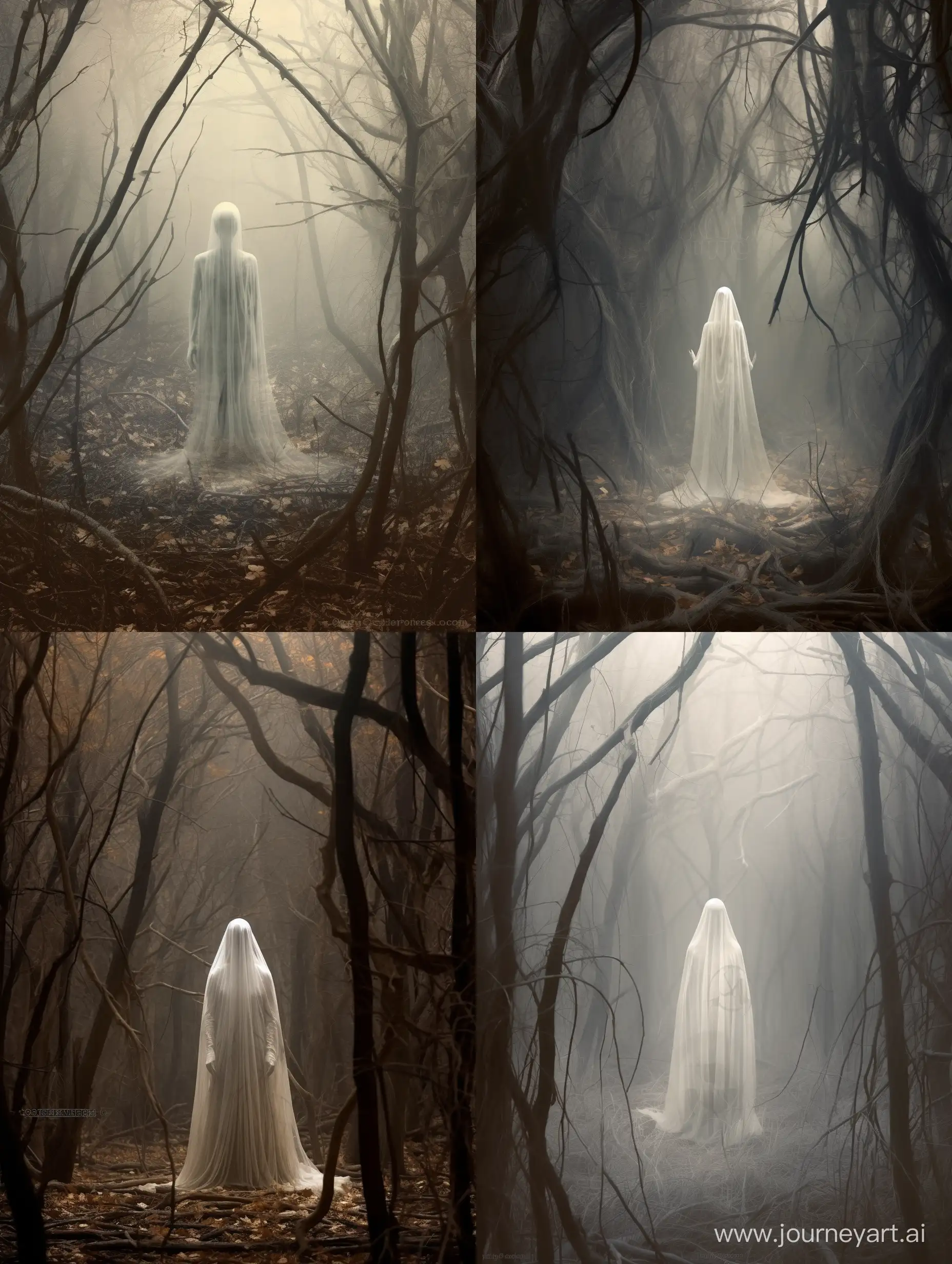 A misty autumn forest clearing is illuminated by the pale moonlight shining down through the sparse canopy of skeletal trees. In the center stands a lone ethereal figure - a female skeleton with wispy white hair that flows around her like woven spider silk in the soft breeze. She is dressed in a flowing gossamer gown the color of moonbeams, and her bony fingers dance elegantly across the strings of a towering arched harp as lustrous as polished mother-of-pearl. Hyper-detailed imagery brings this otherworldly vision to startling realistic life.