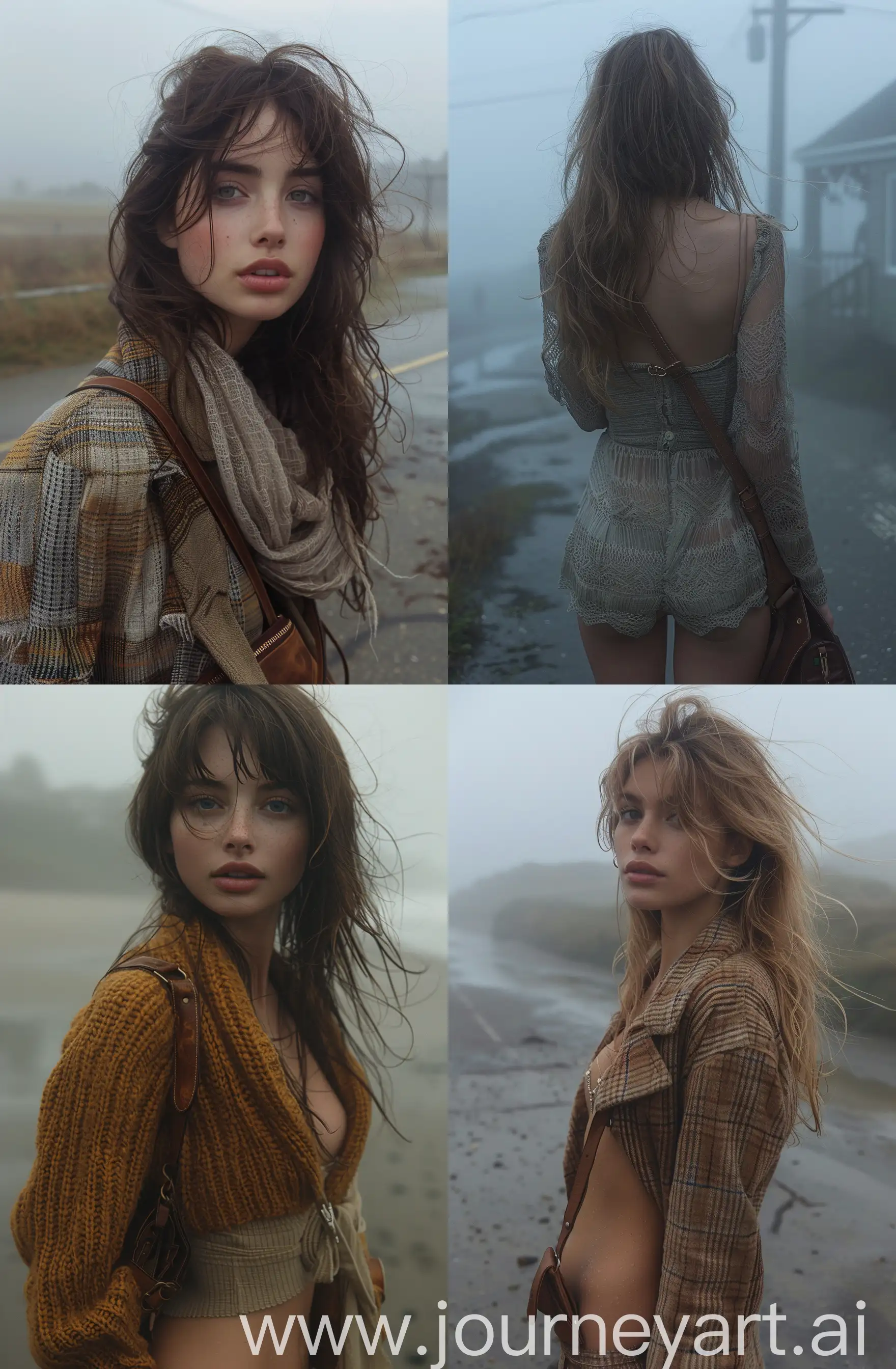 girl standing on a foggy pavement while holding her purse, in the style of yigal ozeri, video, beach portraits, kaethe butcher, close up, michael malm, soft hues --ar 36:55 --stylize 750 --v 6