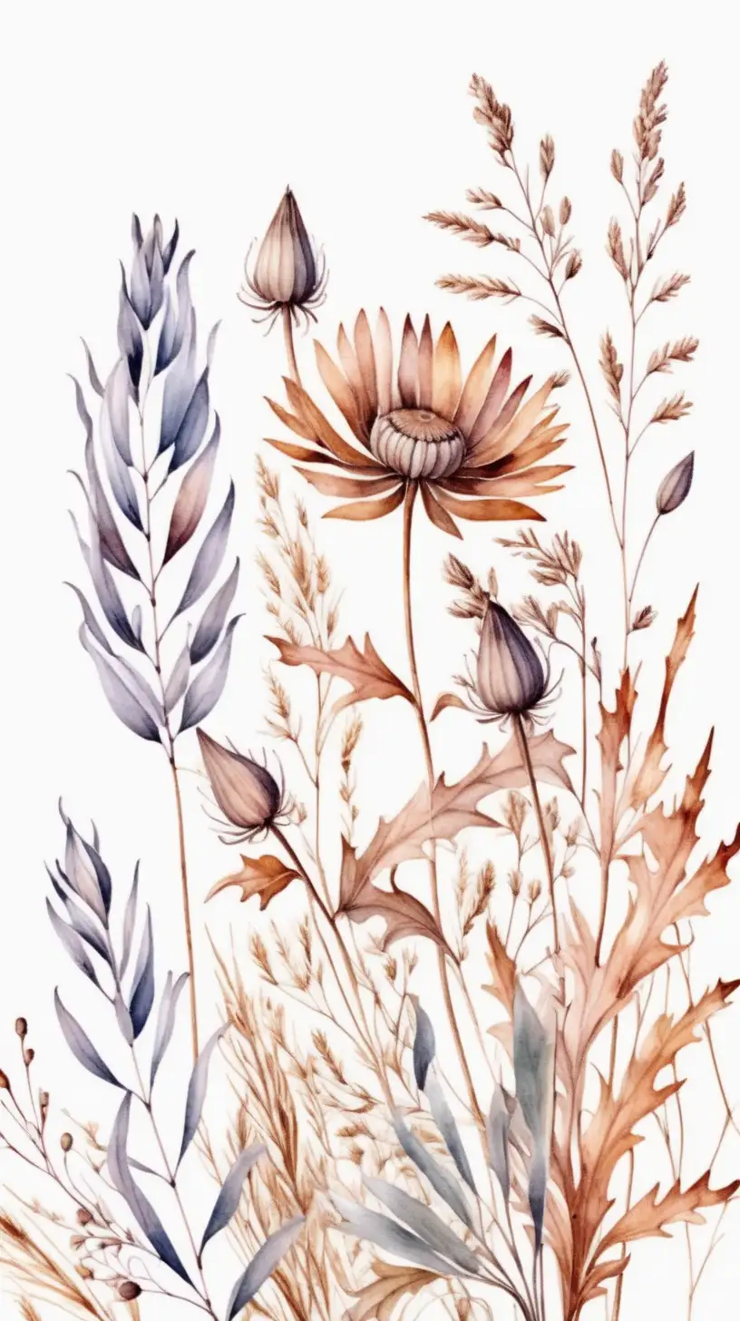 Delicate horizontal pattern with dried wild plants. Watercolor isolated floral illustration for wallpapers, poster, arts or background with beautiful design elements, still life flowers.